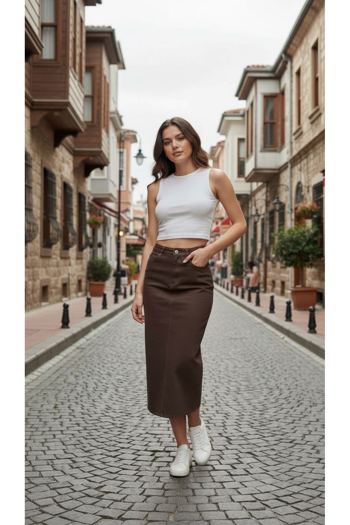 Dema  Kadın Pamuklu Kahverengi Denim Etek - Görsel 5