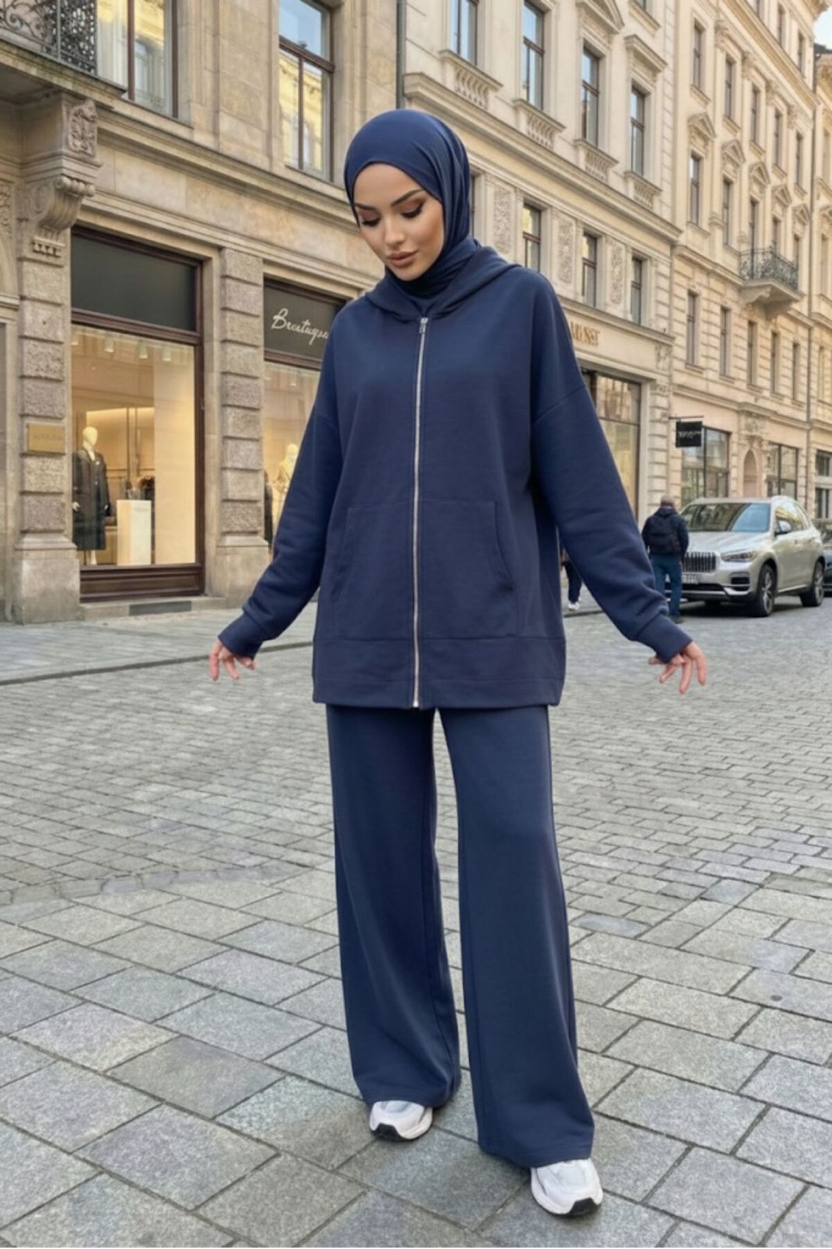 Women's Modal Fabric Kangaroo Pocket Hooded Hijab Two Piece Set