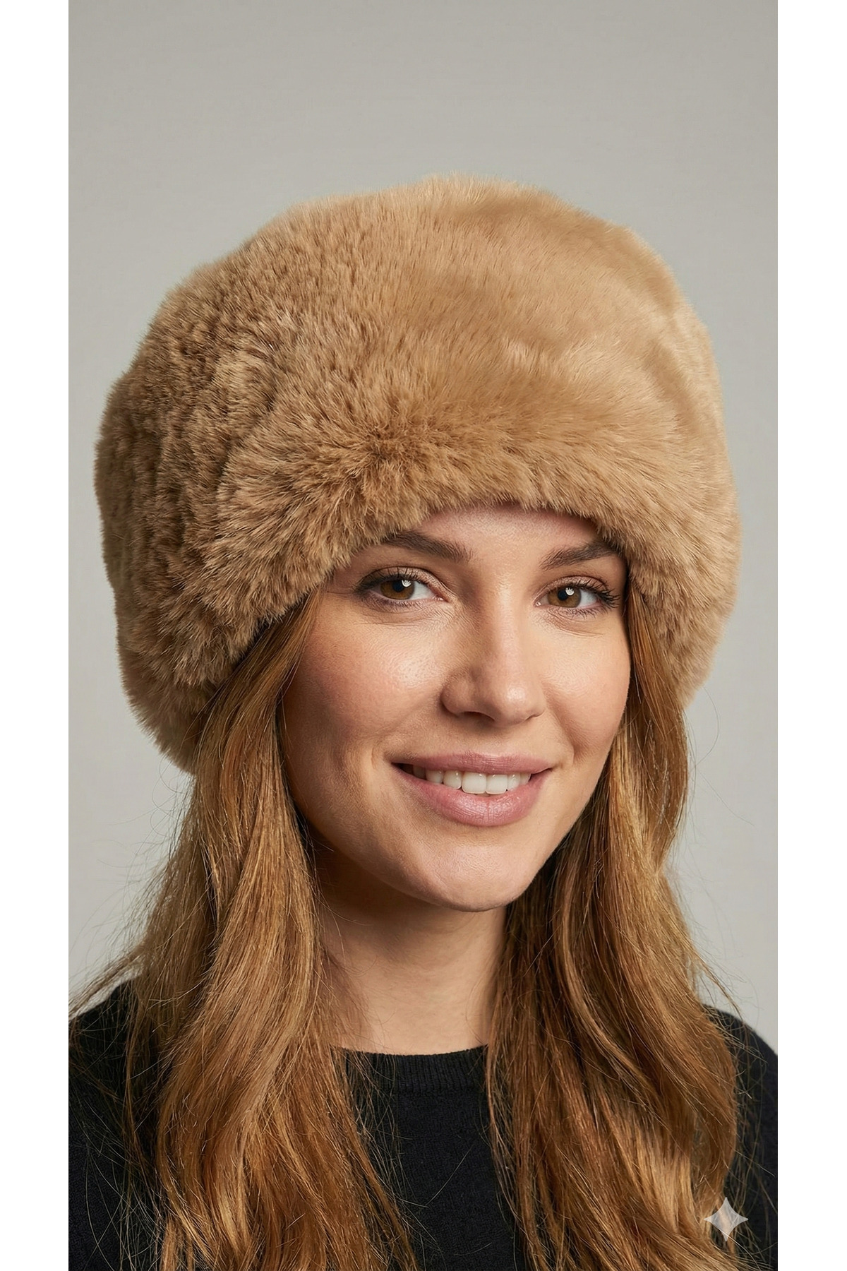 Women's Light Brown Furry Russian Model Heart Hat - Winter Soft Plush