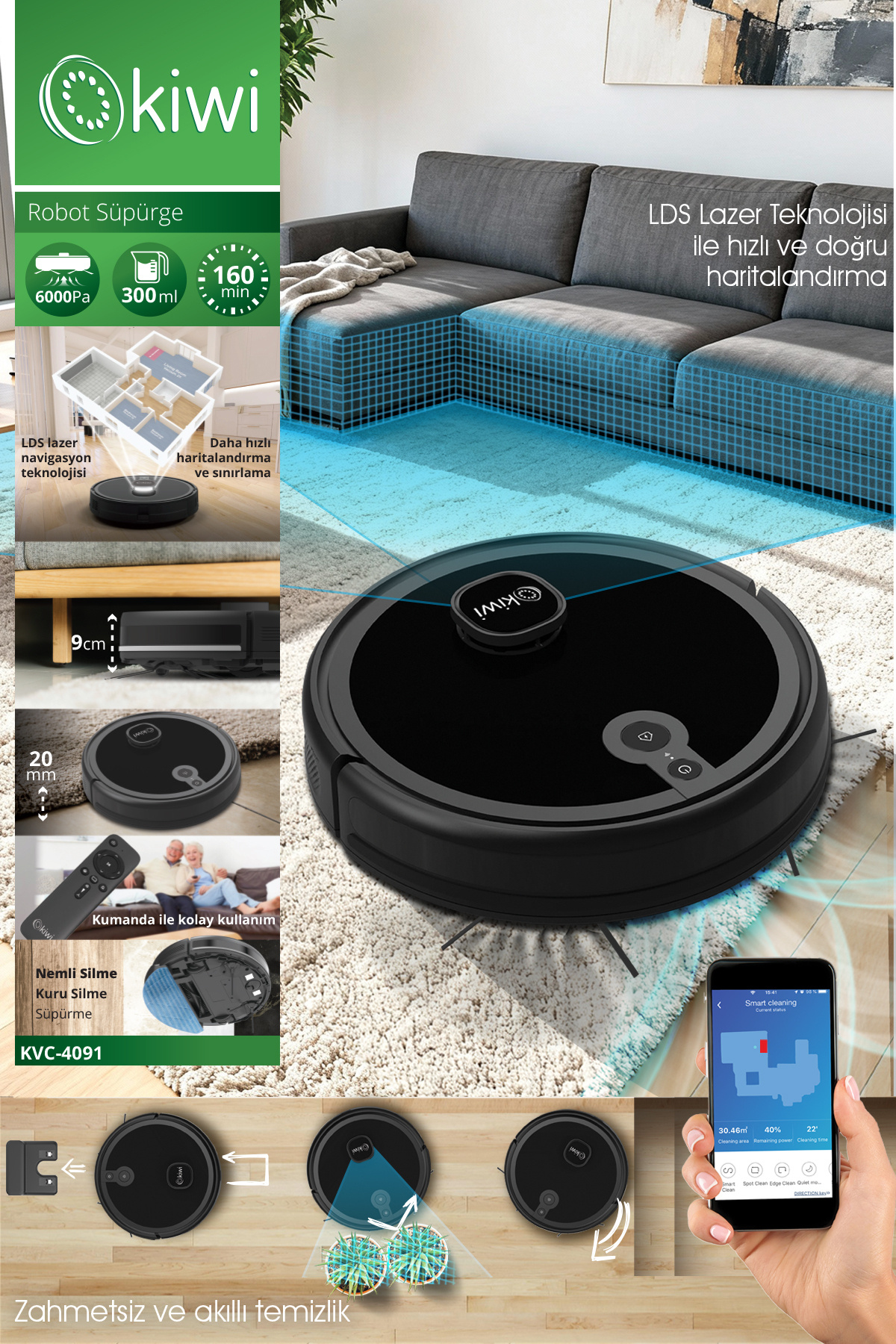 Kiwi KVC-4091 Akıllı Robot Süpürge | 6000Pa Güçlü Emiş, Lazer Haritalama, Paspas , Uygulama Kontrollü