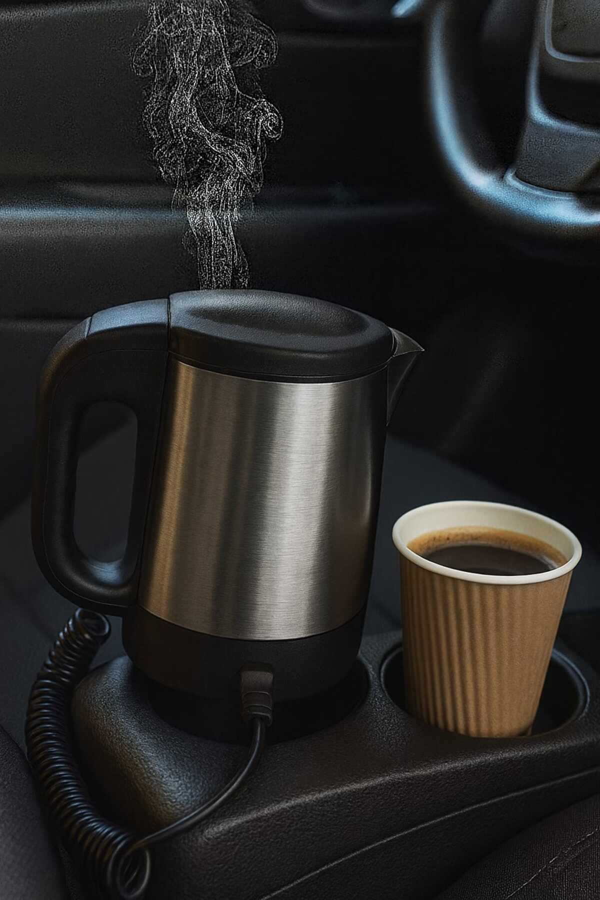 ozbience 12V Paslanmaz Çelik Araba Su Isıtıcı Kettle, Termostatlı, Çakmak Girişli