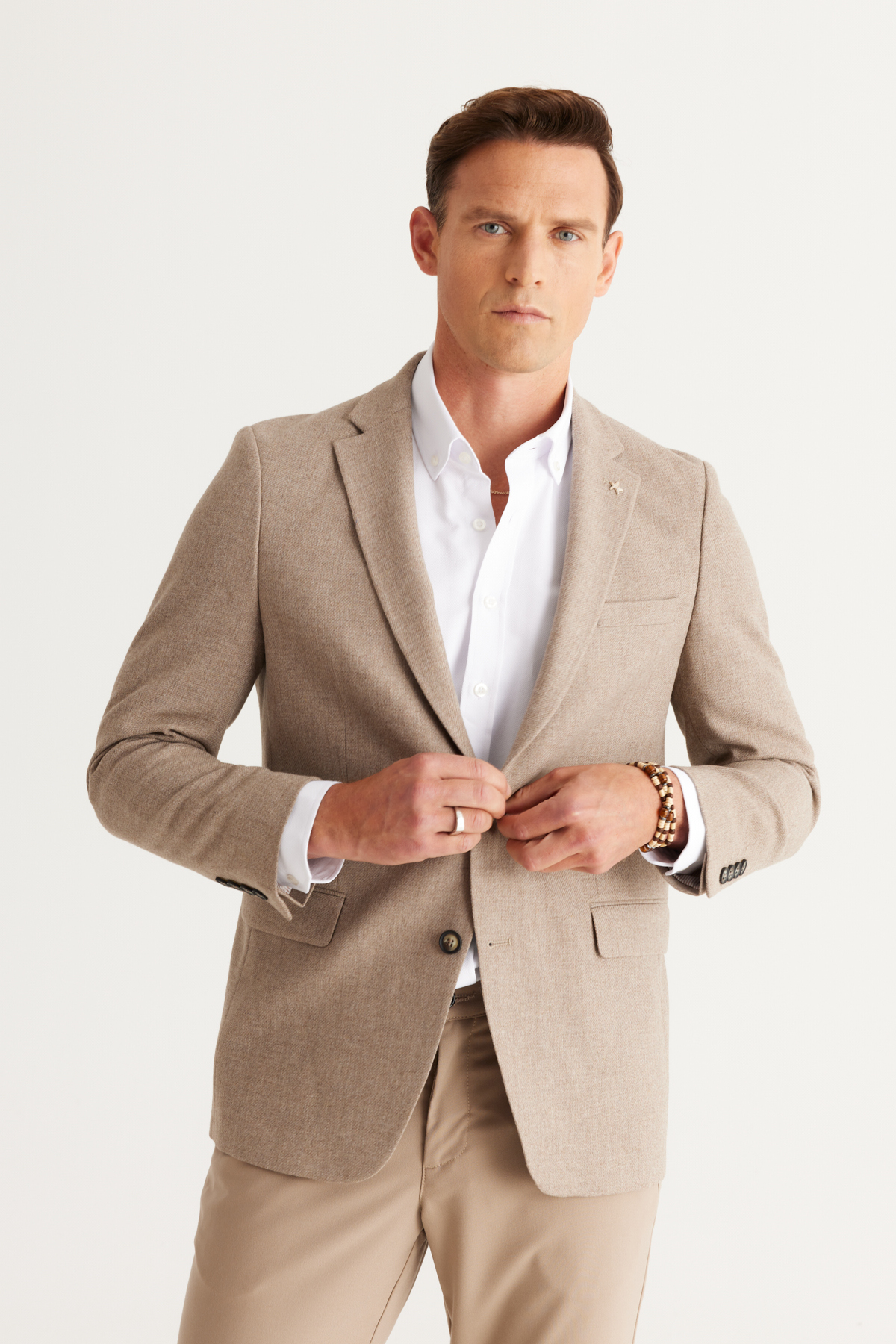 Altınyıldız Classics  Bej Regular Fit Geniş Kesim Mono Yaka Diagonal Desenli Yünlü Blazer Ceket - Görsel 3