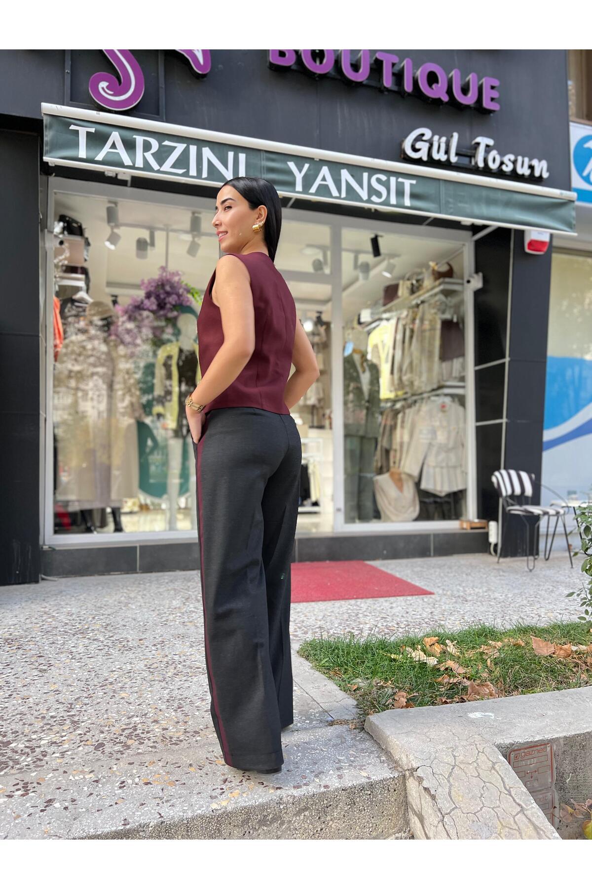 Yanları Bordo Şeritli Siyah Palazzo Garnili Pantolon