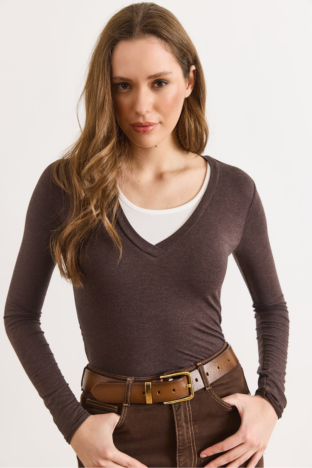 Women's Brown Shirred Collar Garnish Wool Viscose BlouseBLZ-19003189