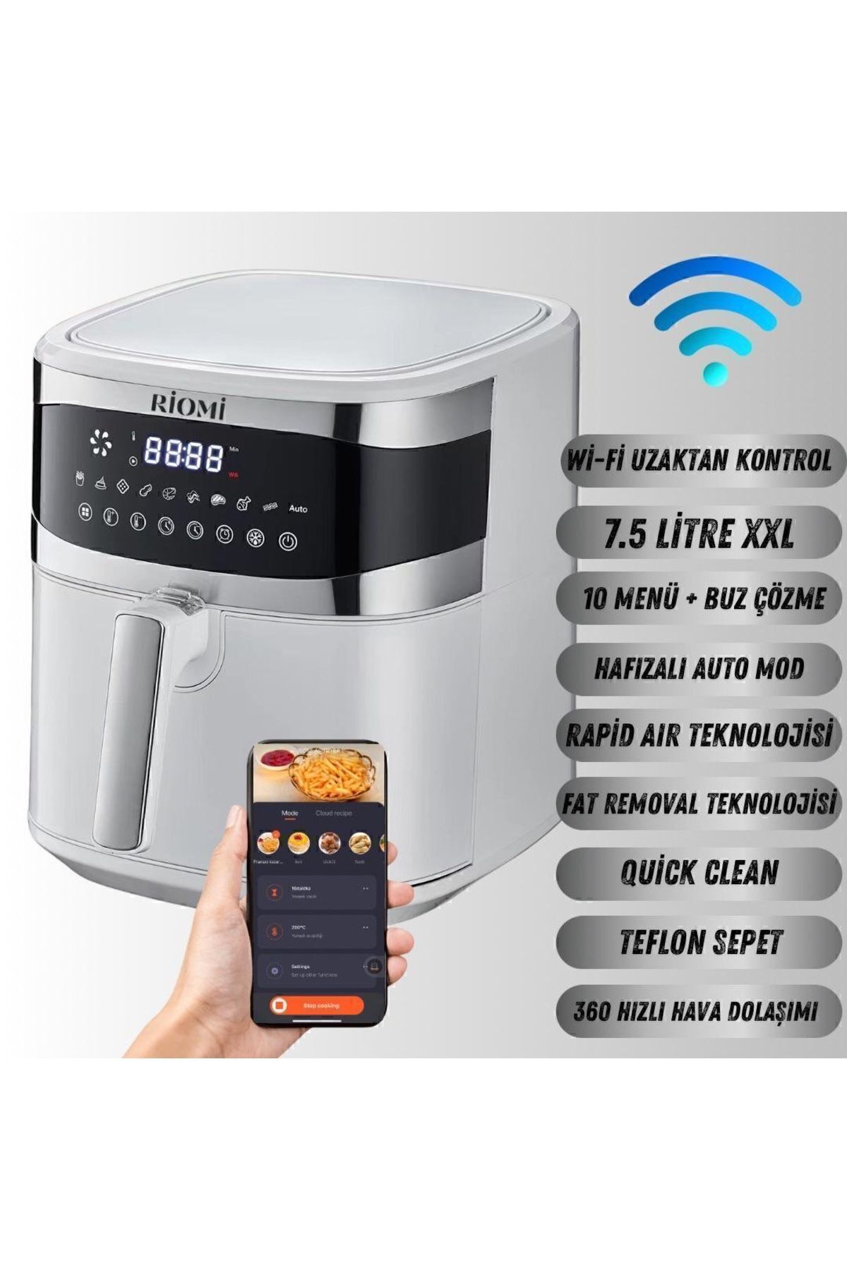Allians Çelik Wifi Akıllı Hava Fritözü 7.5L XXL, Yağsız Pişirme Keyfi Airfryer