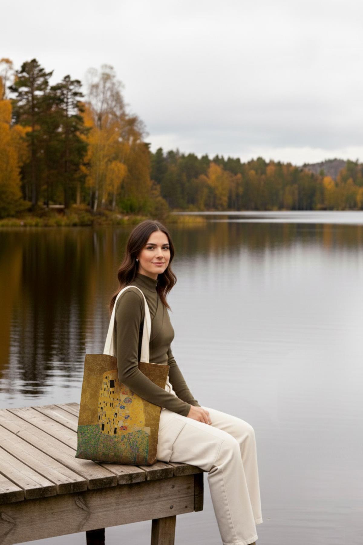 Bagg  Kanvas Klimt ÖpücükBaskılı Bez Çanta - Görsel 2