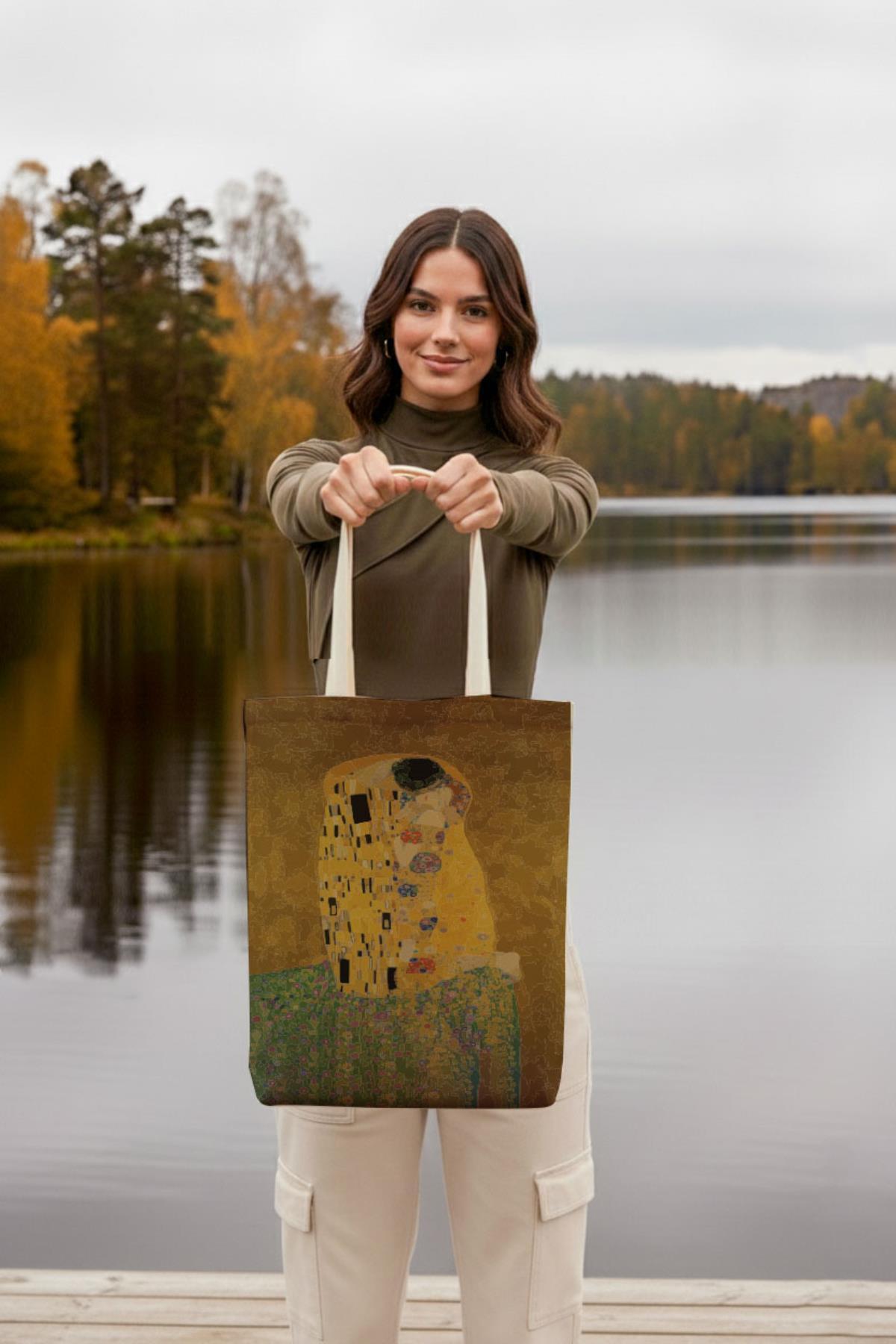 Bagg  Kanvas Klimt ÖpücükBaskılı Bez Çanta - Görsel 3