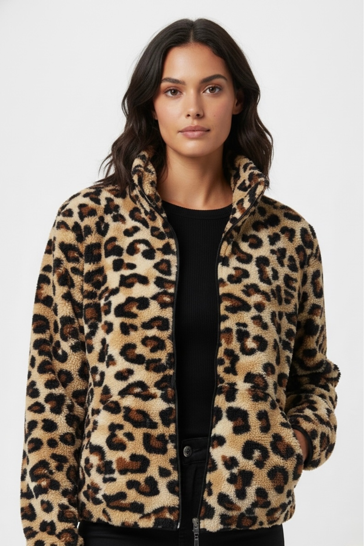 Women's Leopard Patterned WellSoft Fleece with Zipper