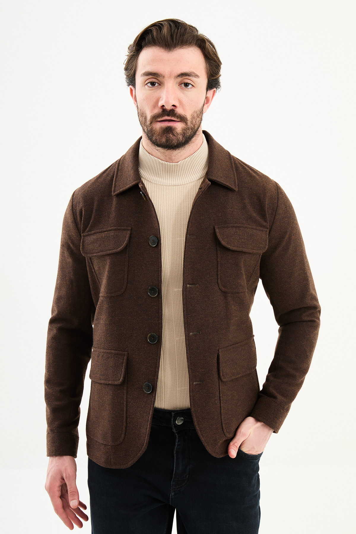Kırçıllı Slim Fit Gömlek Yaka Düğmeli Kapak Cep Erkek Trenchcoat Kahve - 21337.25K — رنگارنگ — تصویر 4 از 6