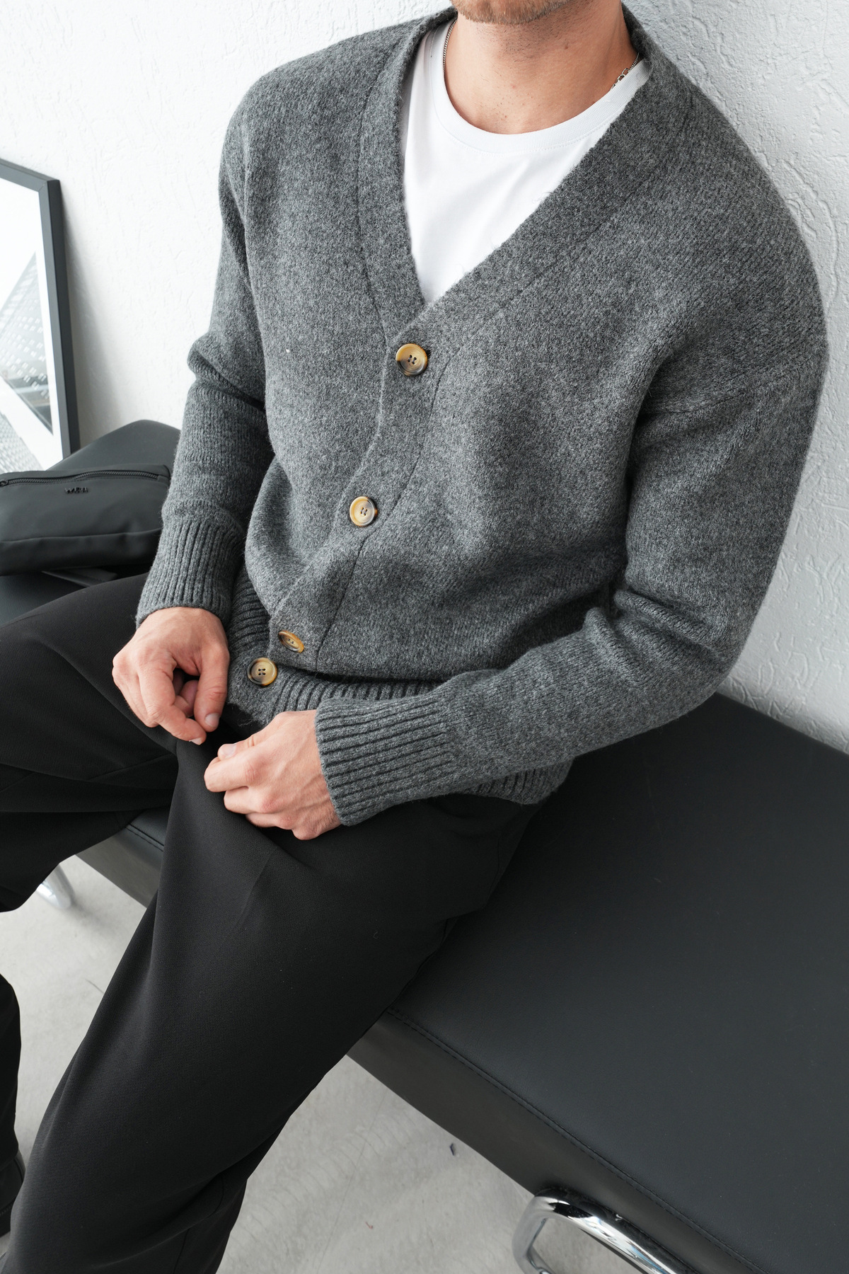 Düğmeli Oversize Hırka — خاکستری Pnt2606 — تصویر 2 از 4