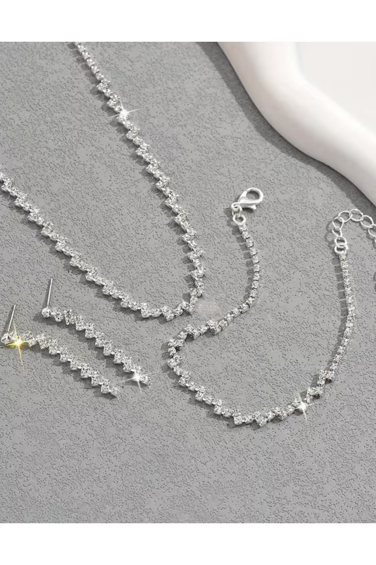 Gümüş Kaplama Pırlanta Taşlı Kolye,küpe Ve Bileklik Seti 3'lü Set Davet Düğün Nişan Abiye
