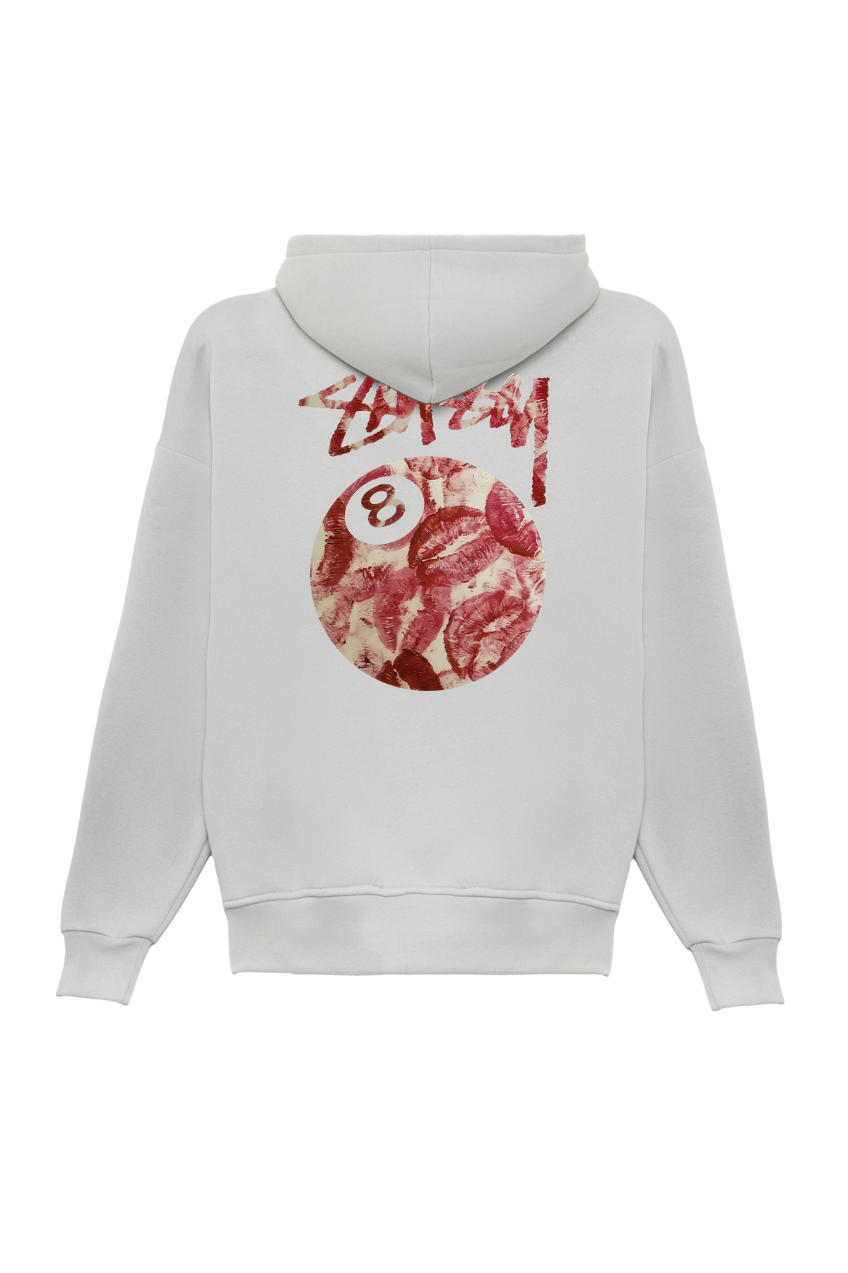 Unisex Stüssy Kiss Baskılı Oversize Bol Kesim Pamuklu 3 İplik Şardonlu Gri Kapüşonlu Sweatshirt