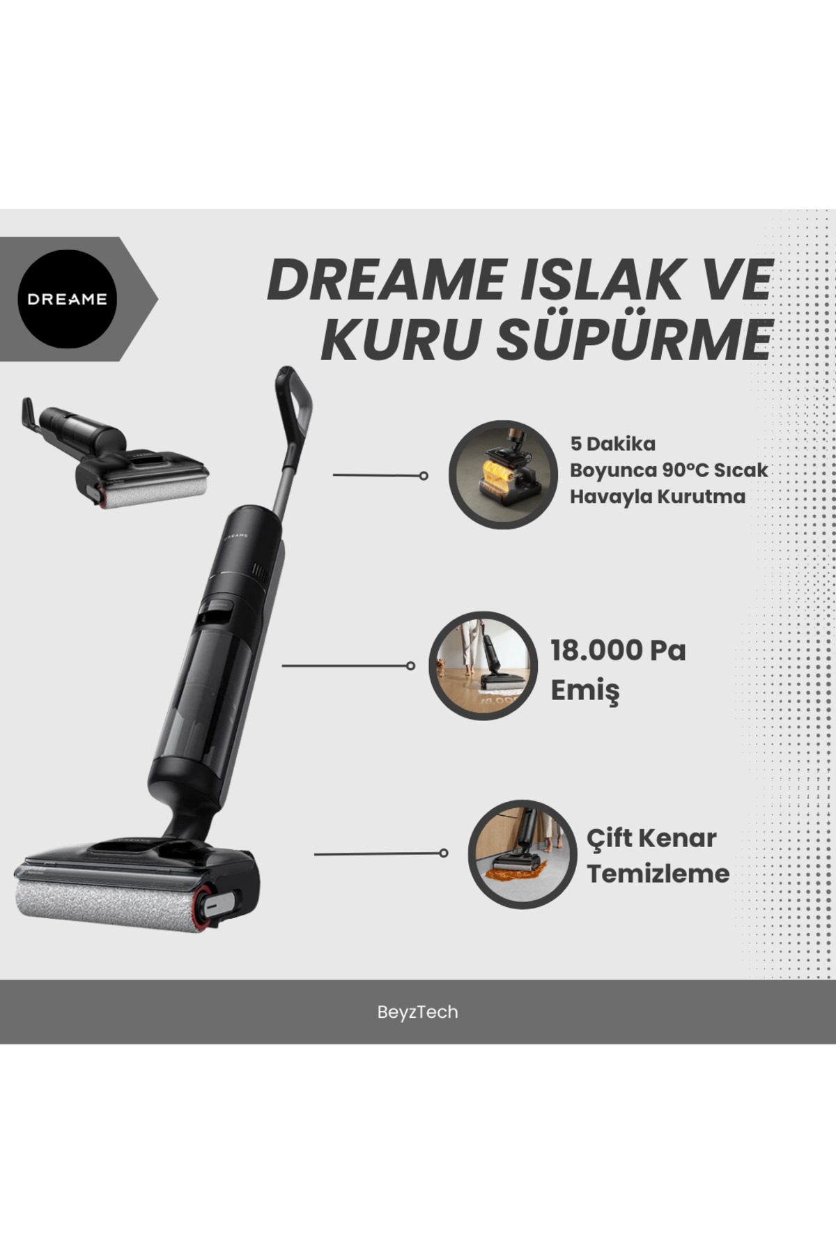 Dreame Islak Kuru Kablosuz Dikey Süpürge – 18.000 Pa Güç, 50 dk Çalışma Sıcak Kurutma Çift Dönüşümlü