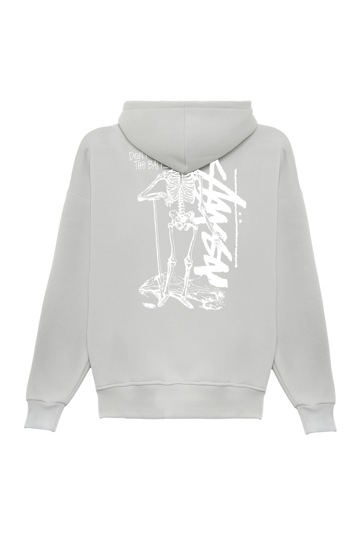 Unisex Stüssy İskelet Baskılı Oversize Bol Kesim Pamuklu 3 İplik Şardonlu Gri Kapüşonlu Sweatshirt