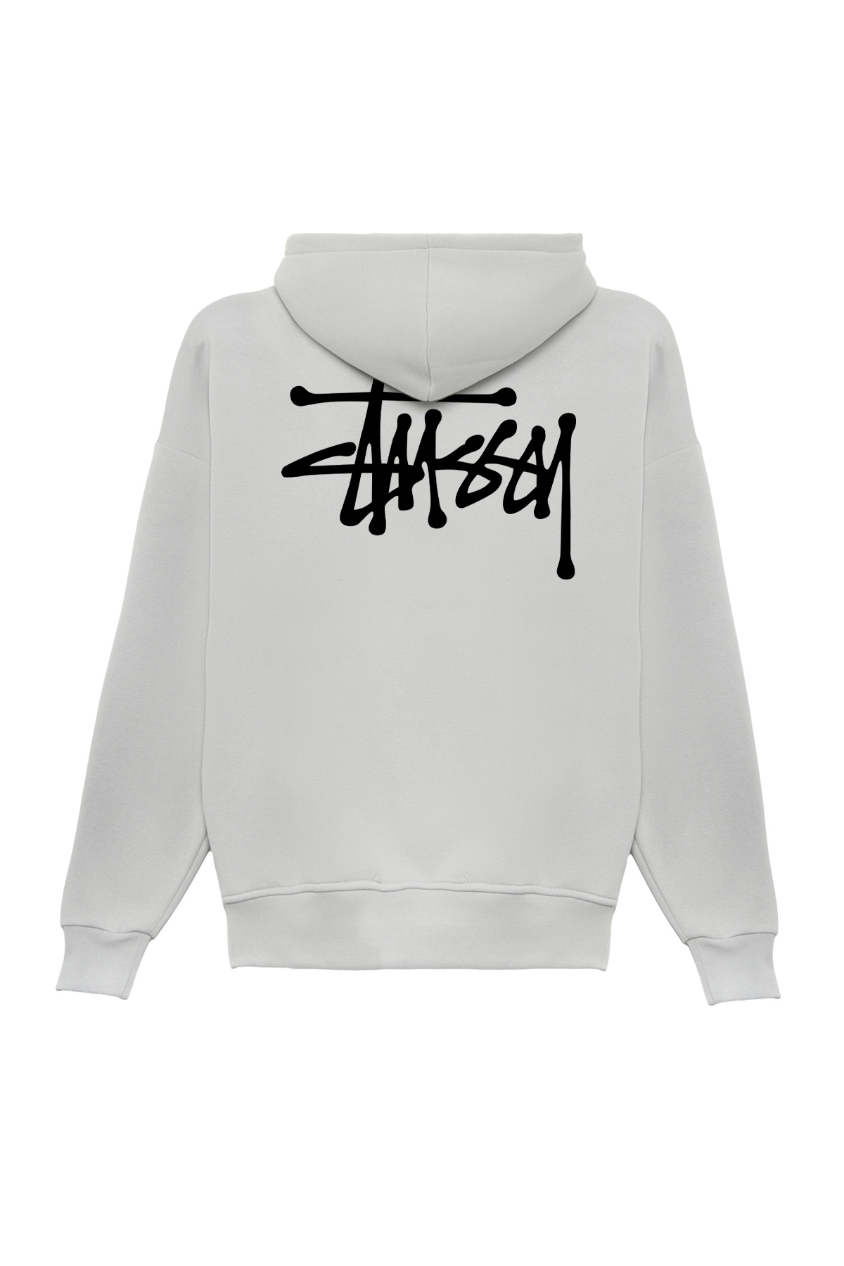 Unisex Stüssy Arka Yazı Baskılı Oversize Bol Kesim Pamuklu 3 İplik Şardonlu Gri Kapüşonlu Sweatshirt