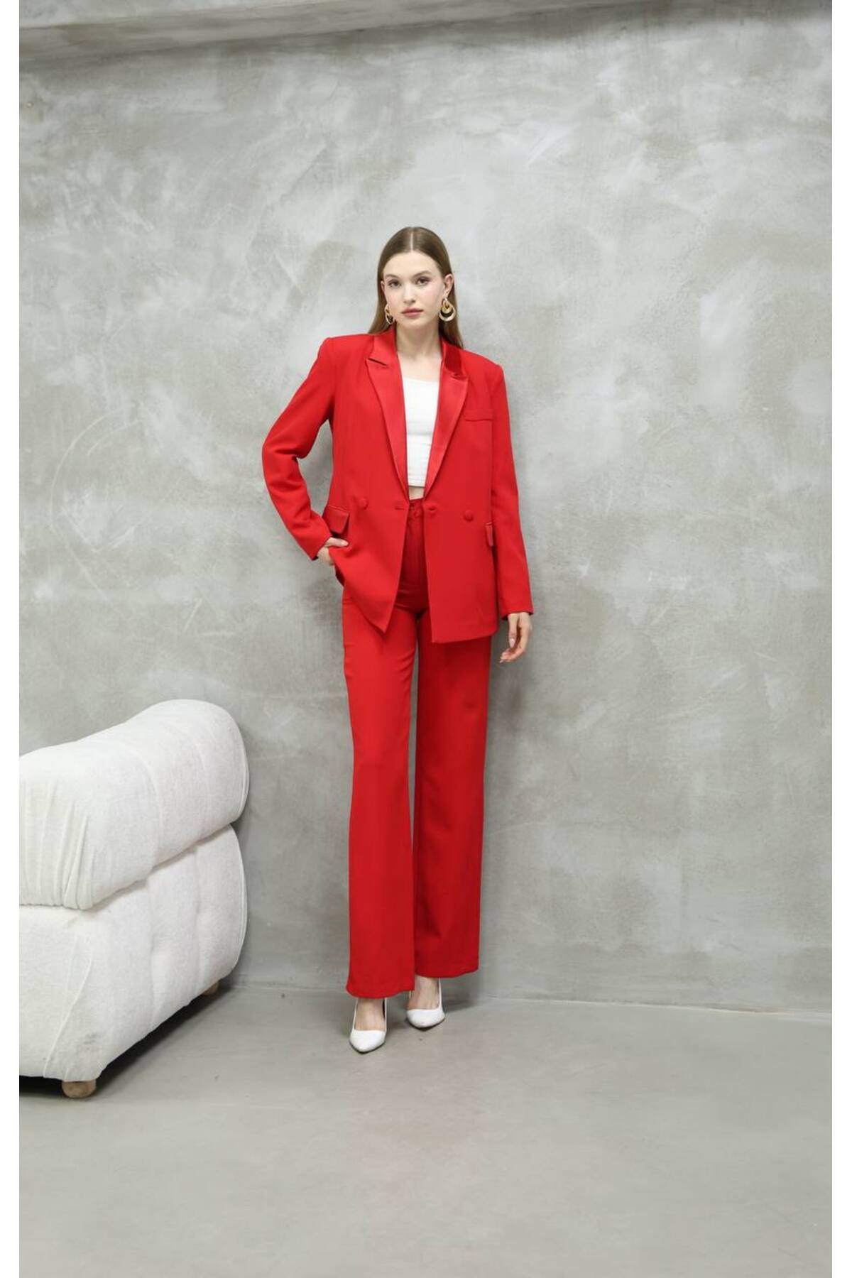 Women's Satin Detail Red Blazer and Pants Suit - Görsel 4
