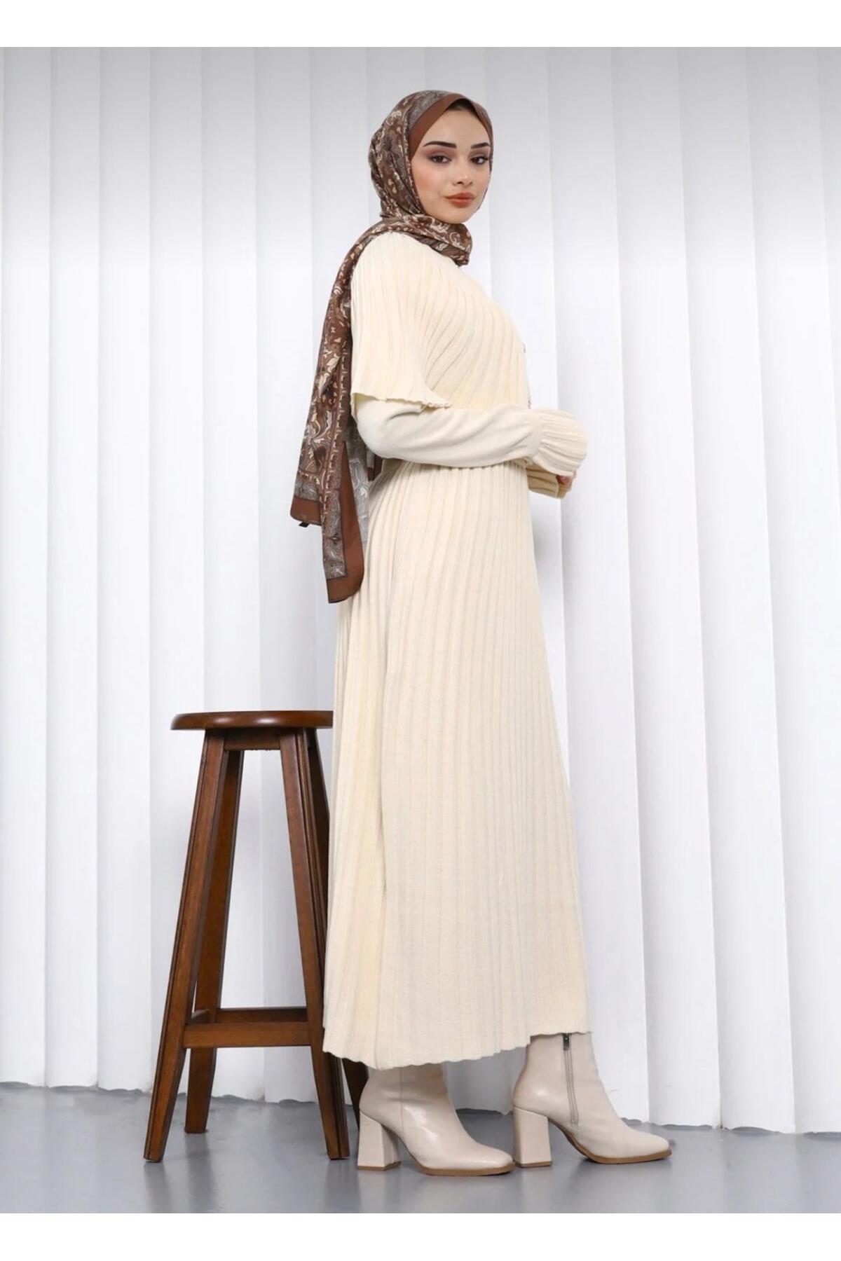 DAĞON'S  DGN'S PELERİNLİ DÜĞME DETAYLI KADIN TRİKO PİLİSELİ ELBİSE - Görsel 7