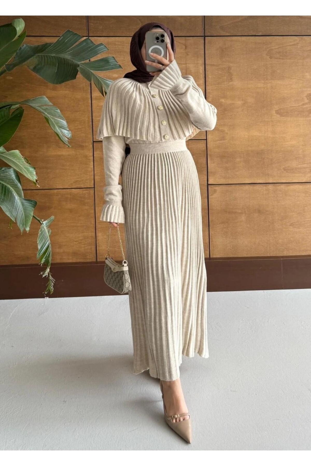 DAĞON'S  DGN'S PELERİNLİ DÜĞME DETAYLI KADIN TRİKO PİLİSELİ ELBİSE - Görsel 3