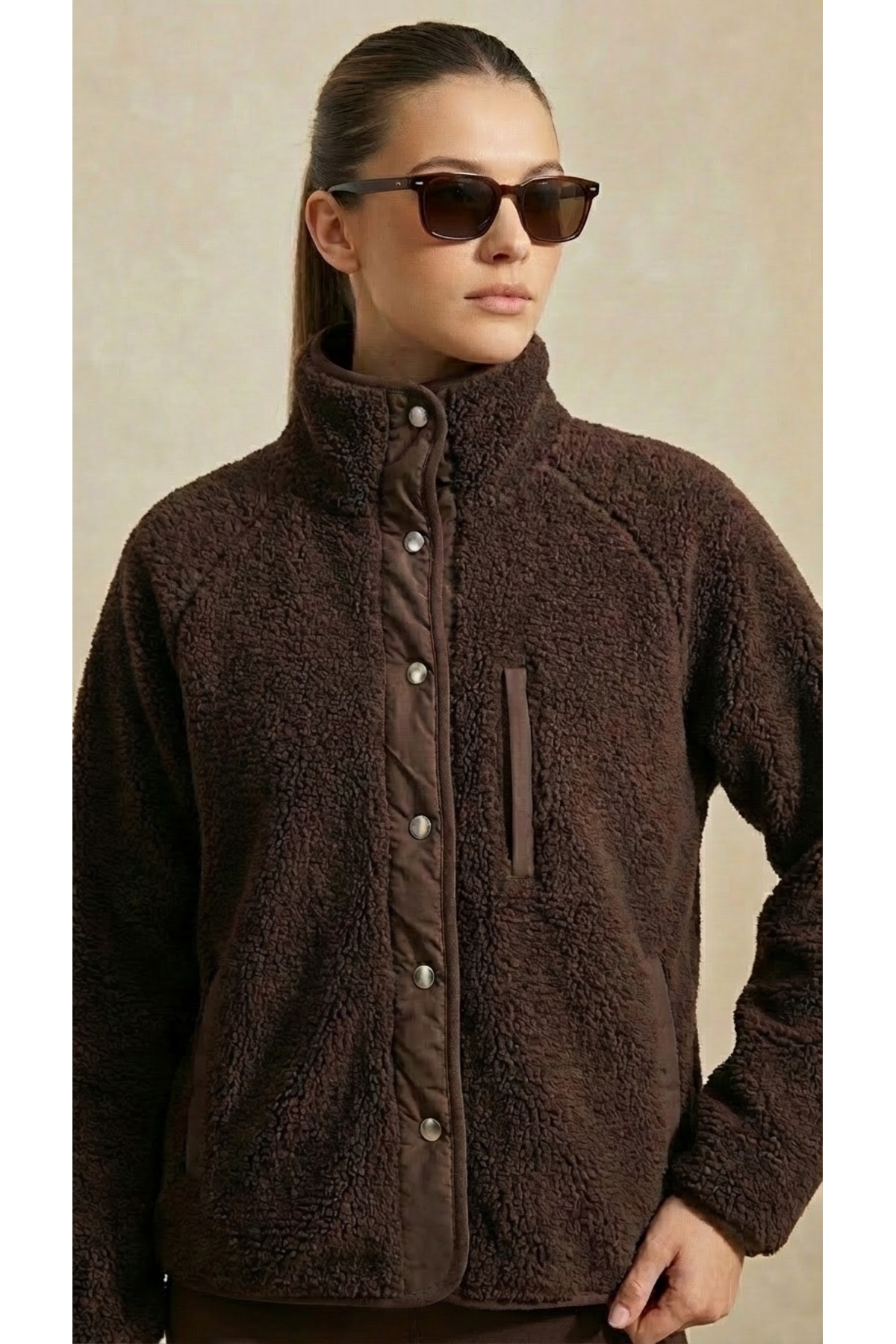 Grenj Fashion  Kahverengi Oversize Peluş Örme Spor Ceket