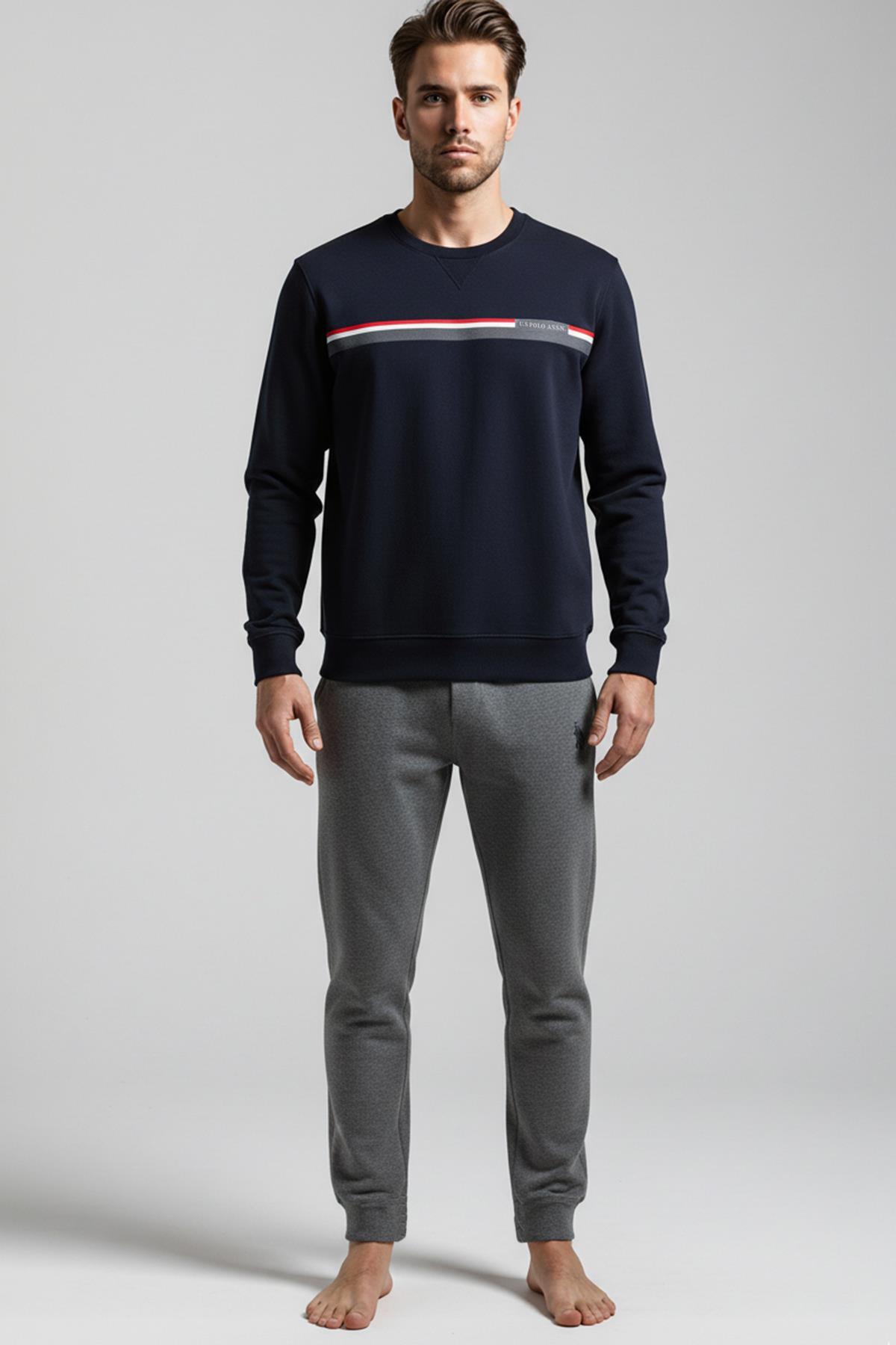 یو اس پولو ست لباس خواب مردانه سایز بزرگ آستین بلند سرمه‌ای با نوار سینه و دمپا گشاد C5T2N981