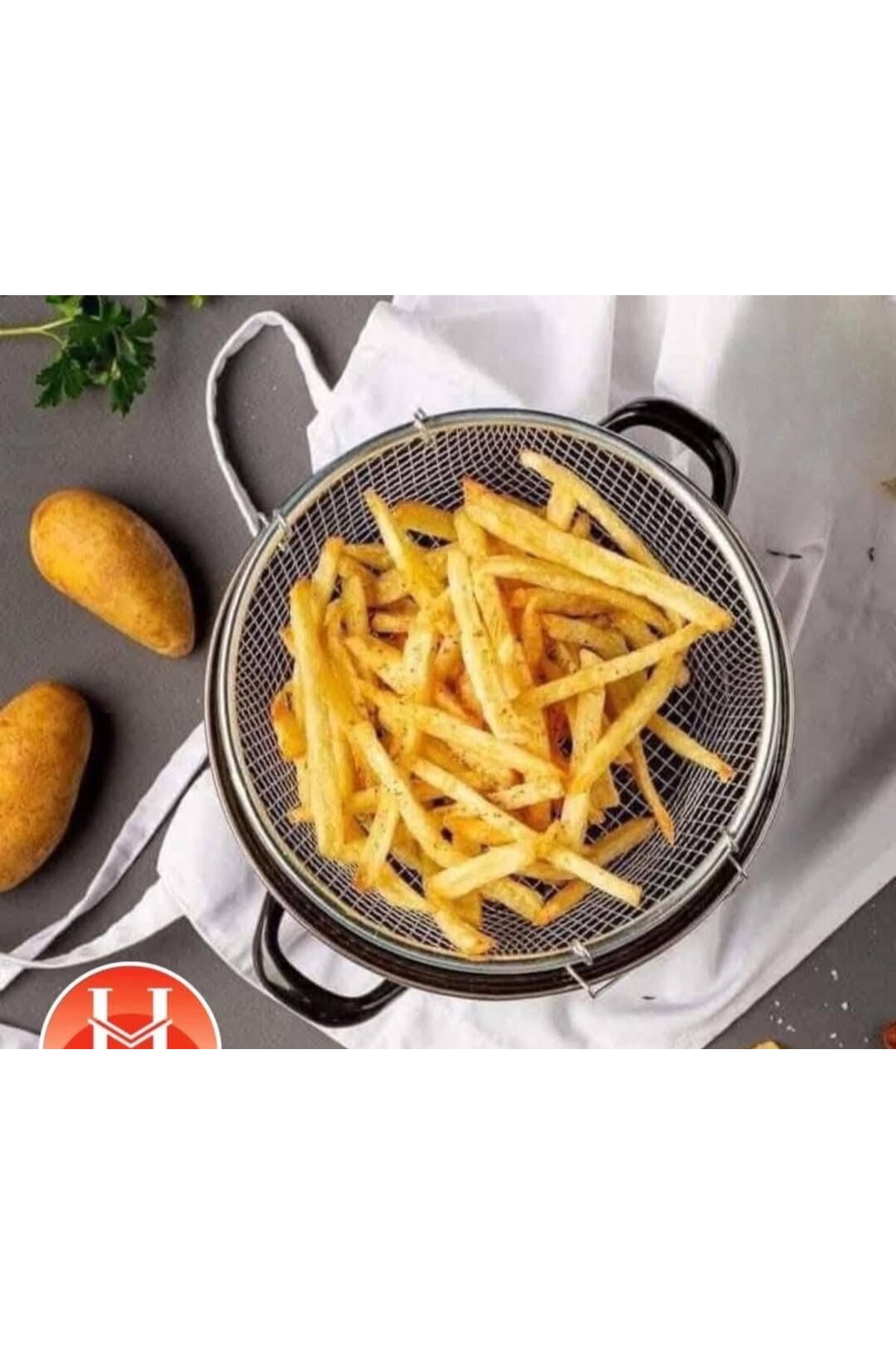 وعاء طهي زجاجي مطلي بالمينا مع غطاء و مصفاة شبك لقلي البطاطس بطريقة صحية– 26 سم – طهي صحي وآمن