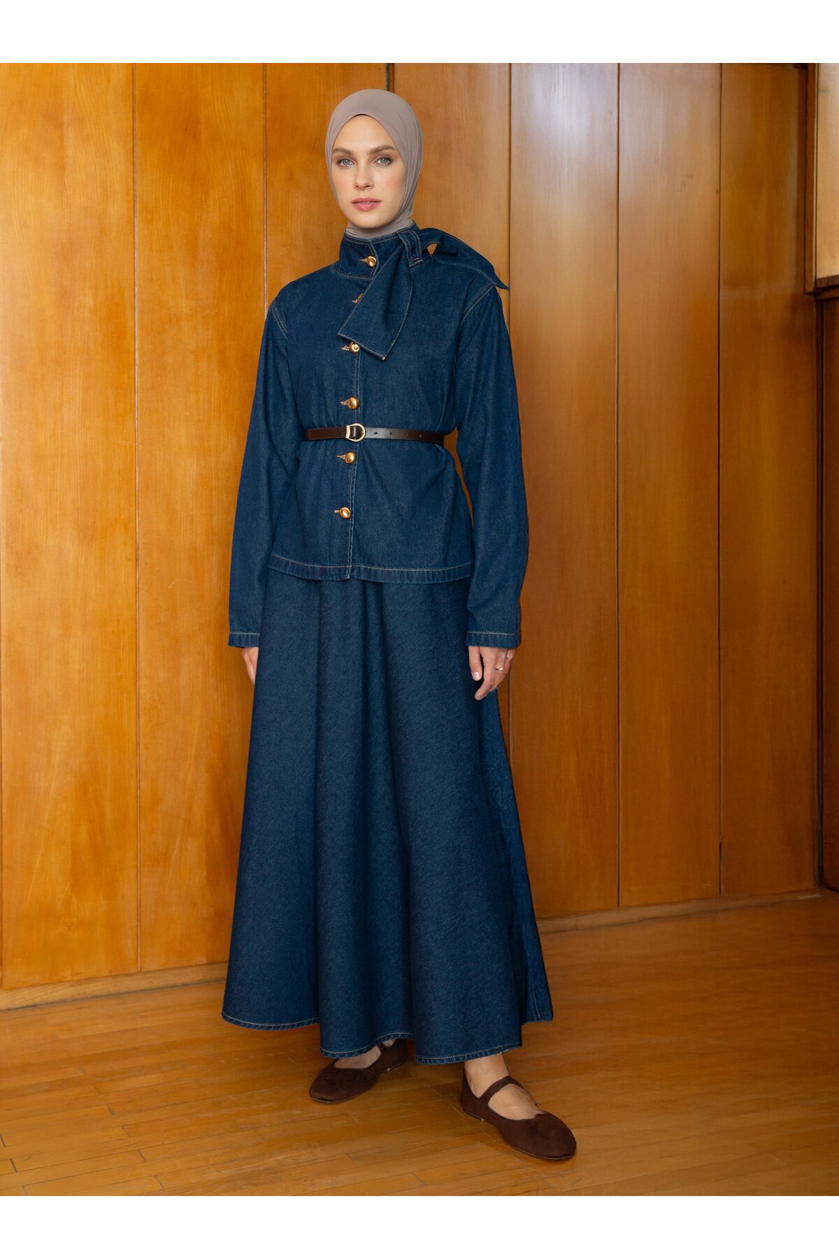 Refka Tie-Detail Tunic & Skirt Two-Piece Set - Dark Navy Blue -