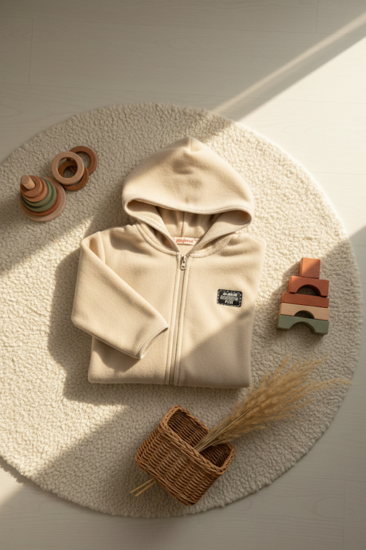 Unisex Kapüşonlu Fermuarlı Polar Ceket - Bej | Yumuşak, Kalın, Pelüş Çocuk Montu