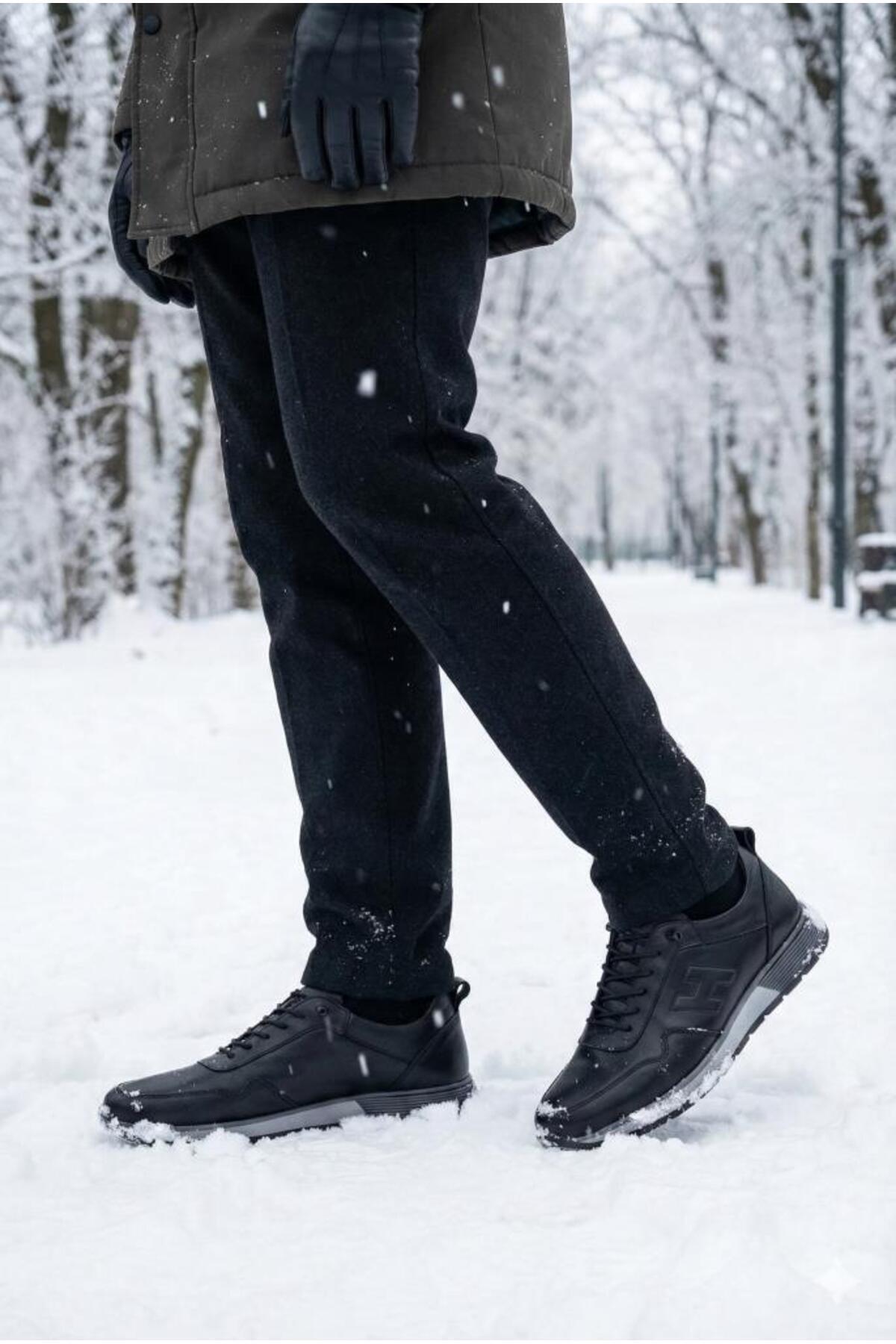 DETECTOR Erkek Siyah %100 Hakiki Deri Ortopedik Günlük Ayakkabı Sneaker HUNTER