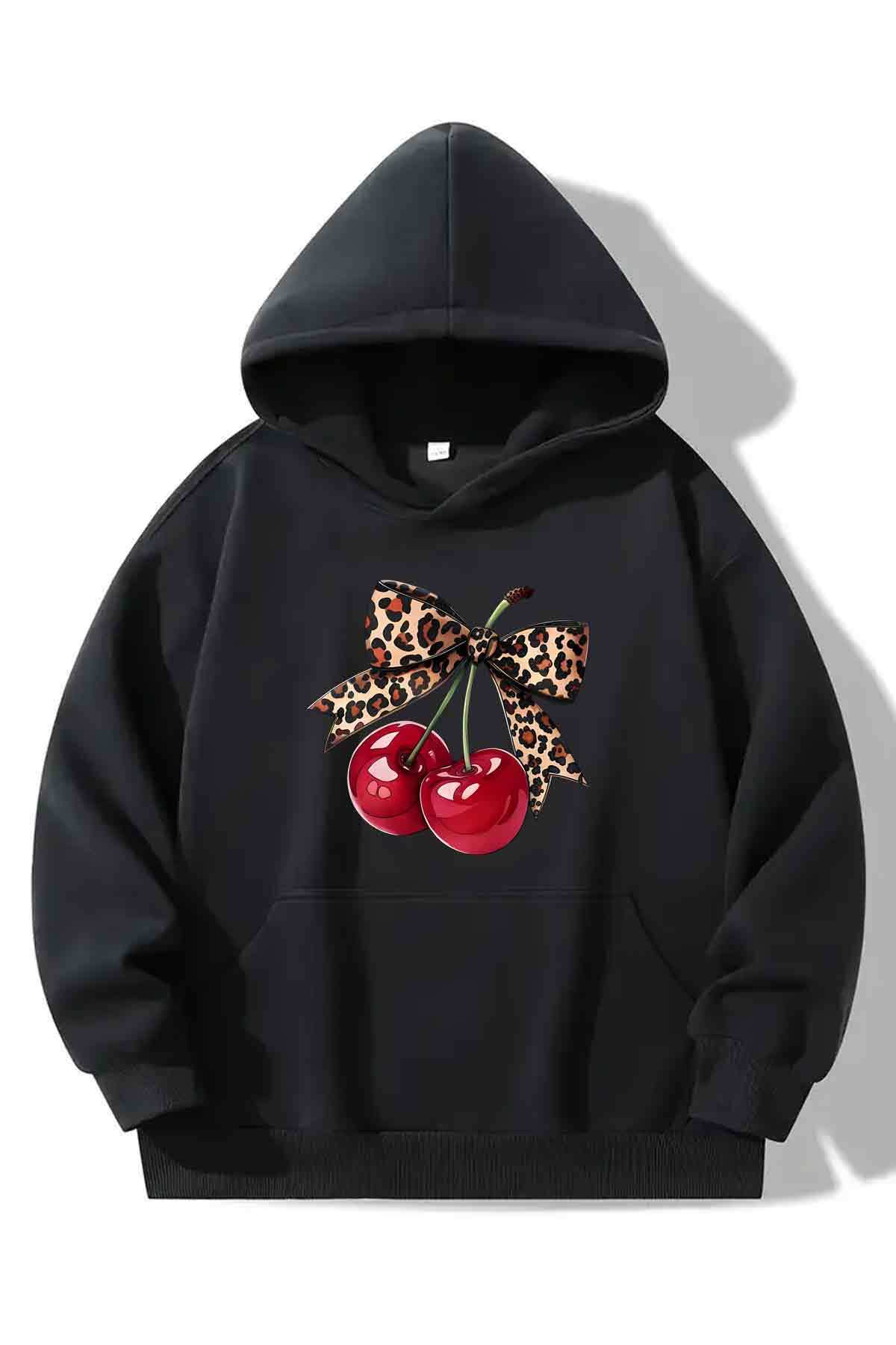 Women's Hooded Sweatshirt Cherry Print Detailed- Plus Size Sweatshirt