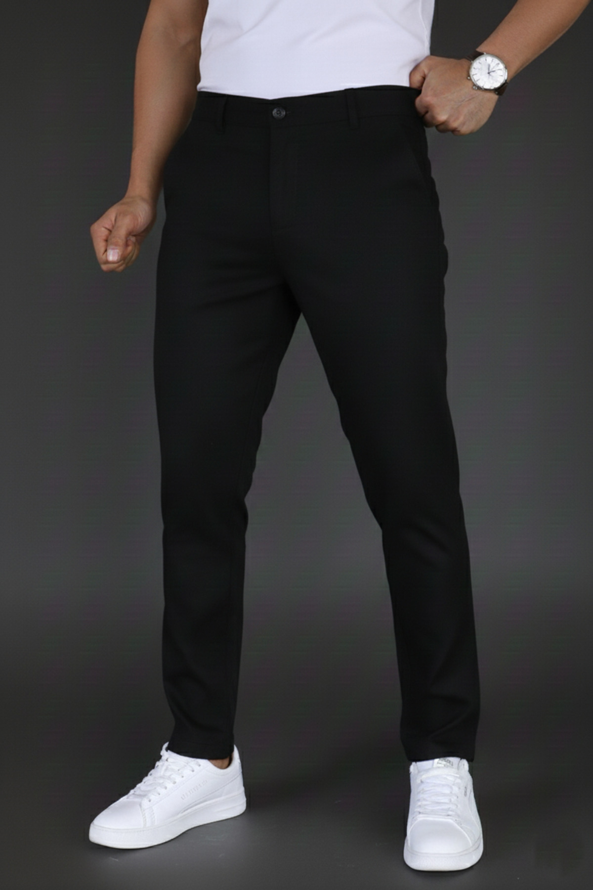Erkek Siyah Renk Slim Fit Düğme Kapamalı Kaliteli Kumaş Pantolon — مشکی MMLYDİLSİZ1