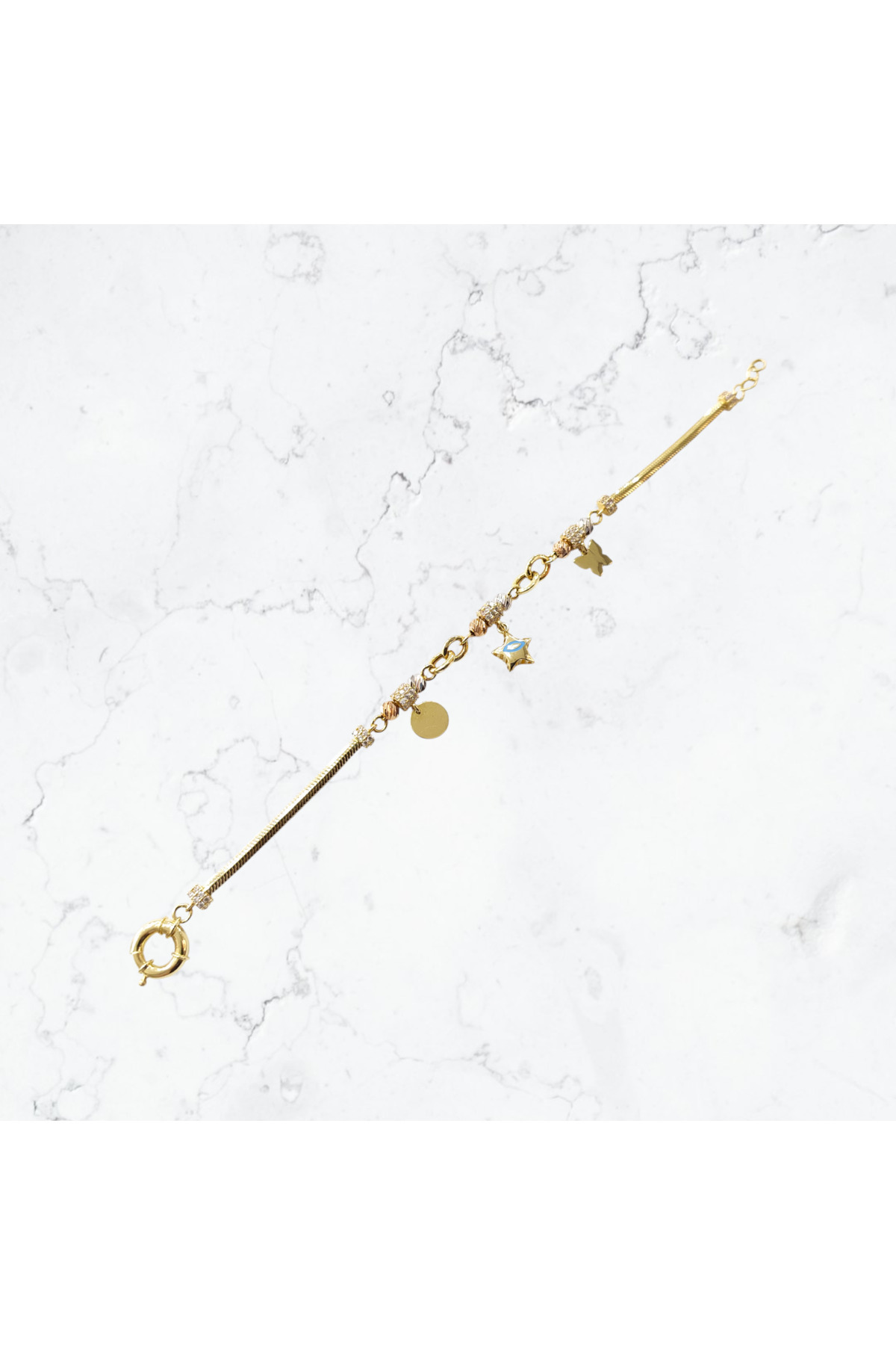 NOVA GRUP MÜCEVHERAT SALLANTILI MİNELİ YILDIZ KELEBEK FİGÜRLÜ BİLEKLİK 14 AYAR ALTIN