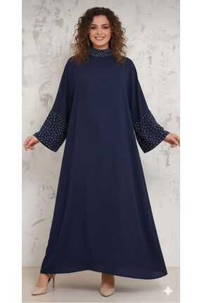 MAY MARA KADIN HAKİM YAKA VE KOLLARI İNCİ İŞLEMELİ RAHAT KALIP ELBİSE
