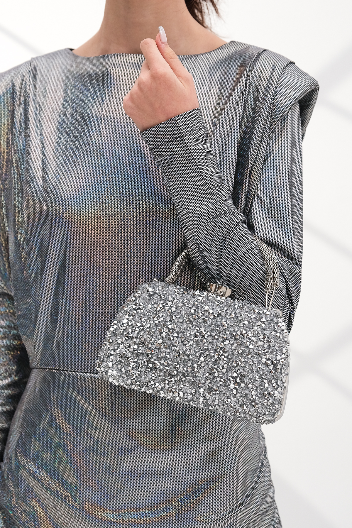 ROZA CANTA Kadın GümüşTaşlı Abiye Clutch Portföy Çanta görsel 5