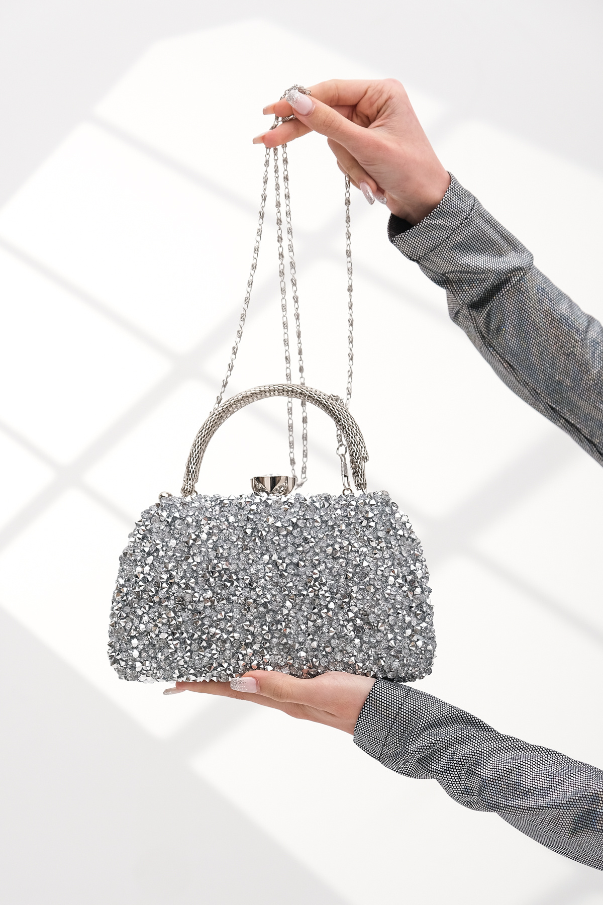 ROZA CANTA Kadın GümüşTaşlı Abiye Clutch Portföy Çanta görsel 8
