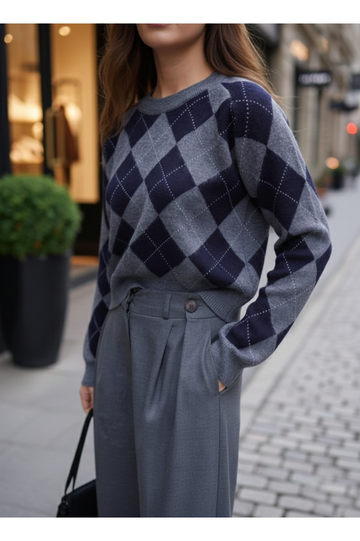 Lesia  Lacivert Gri Baklava Desenli Kazak