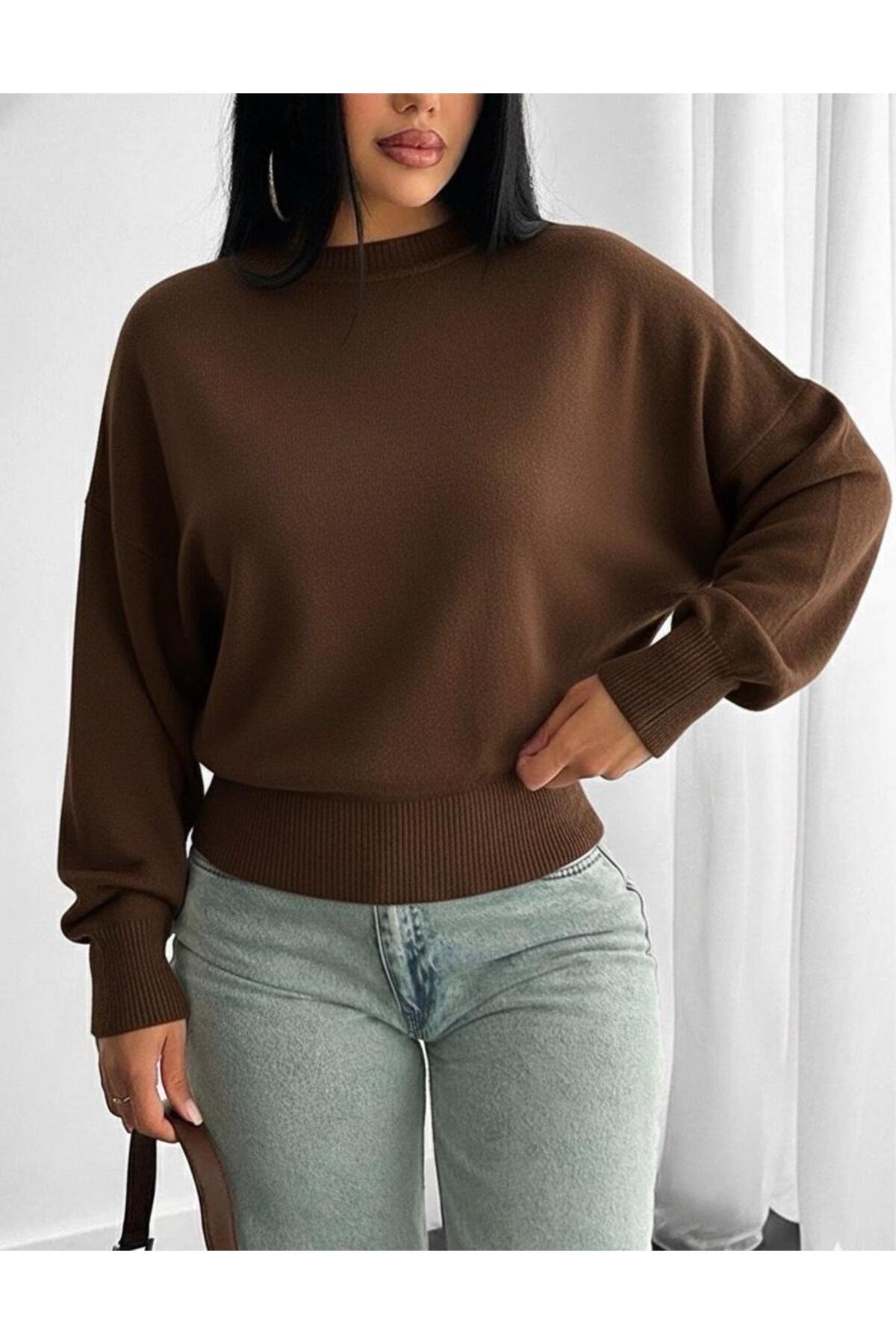 Maysev  Bisiklet Yaka Yarasa Kol Beli Saran Crop Uzun Kollu Kadın Kazak - Görsel 3