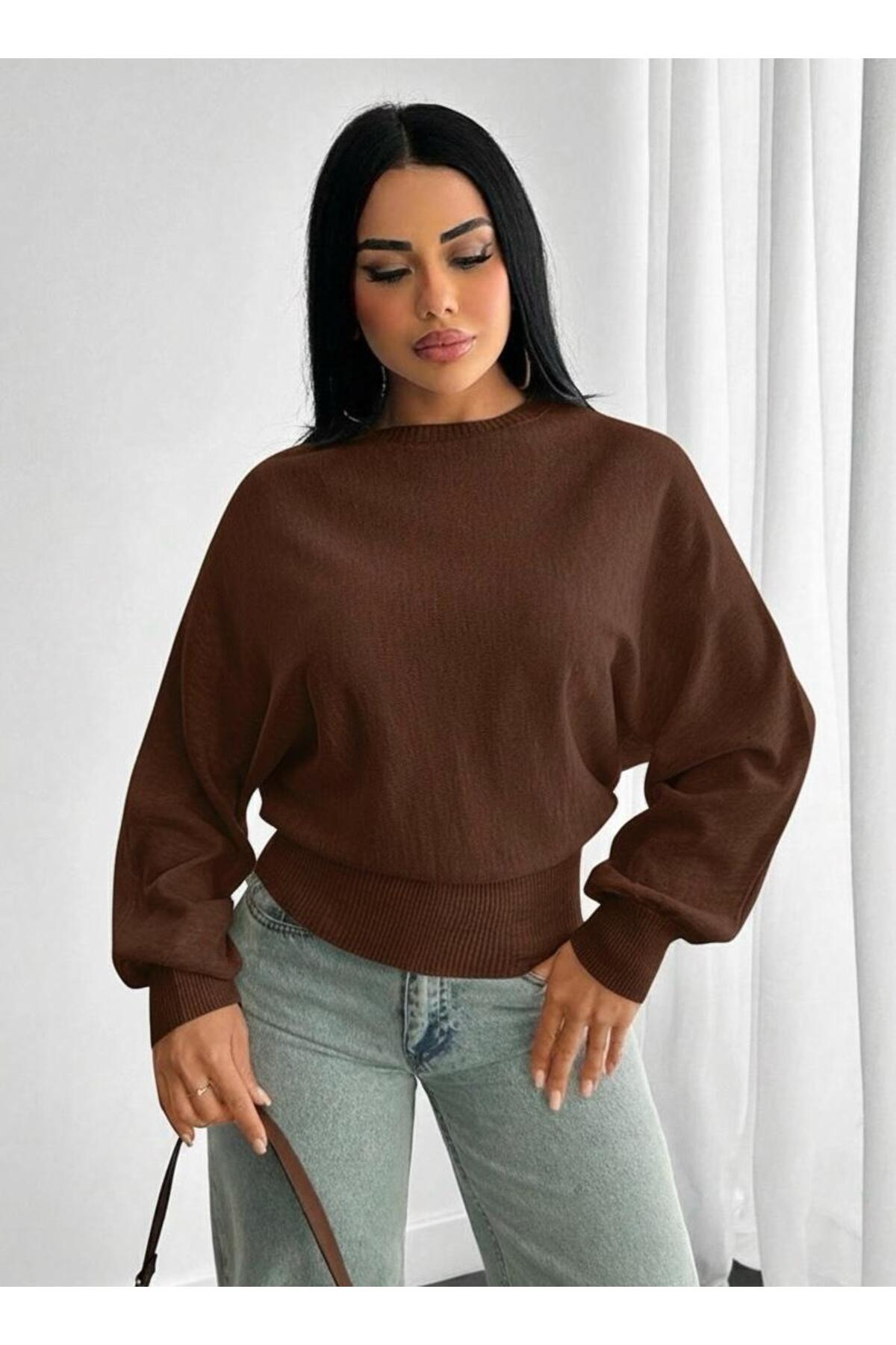 Maysev  Bisiklet Yaka Yarasa Kol Beli Saran Crop Uzun Kollu Kadın Kazak