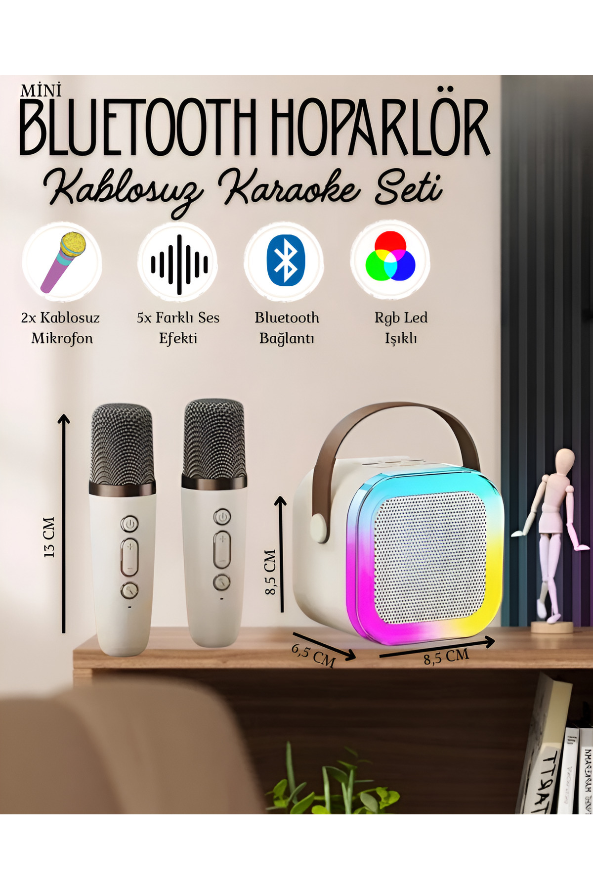nextbuy Mini Karaoke Bluetooth Hoparlör 2x Mikrofonlu Rgb Led Işıklı 5 Efektli Şarjlı Ses Bombası