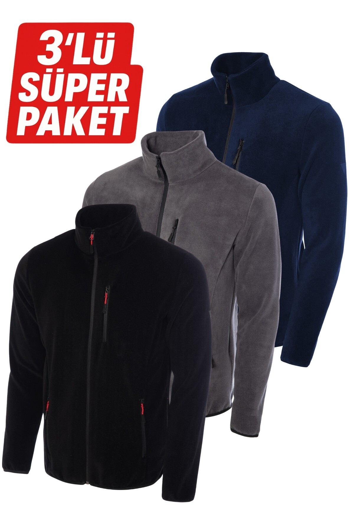 Ghassy Co  3'lü Paket Pro Rüzgar Geçirmez 5 Cepli Outdoor Tam Fermuarlı Polar Ceket