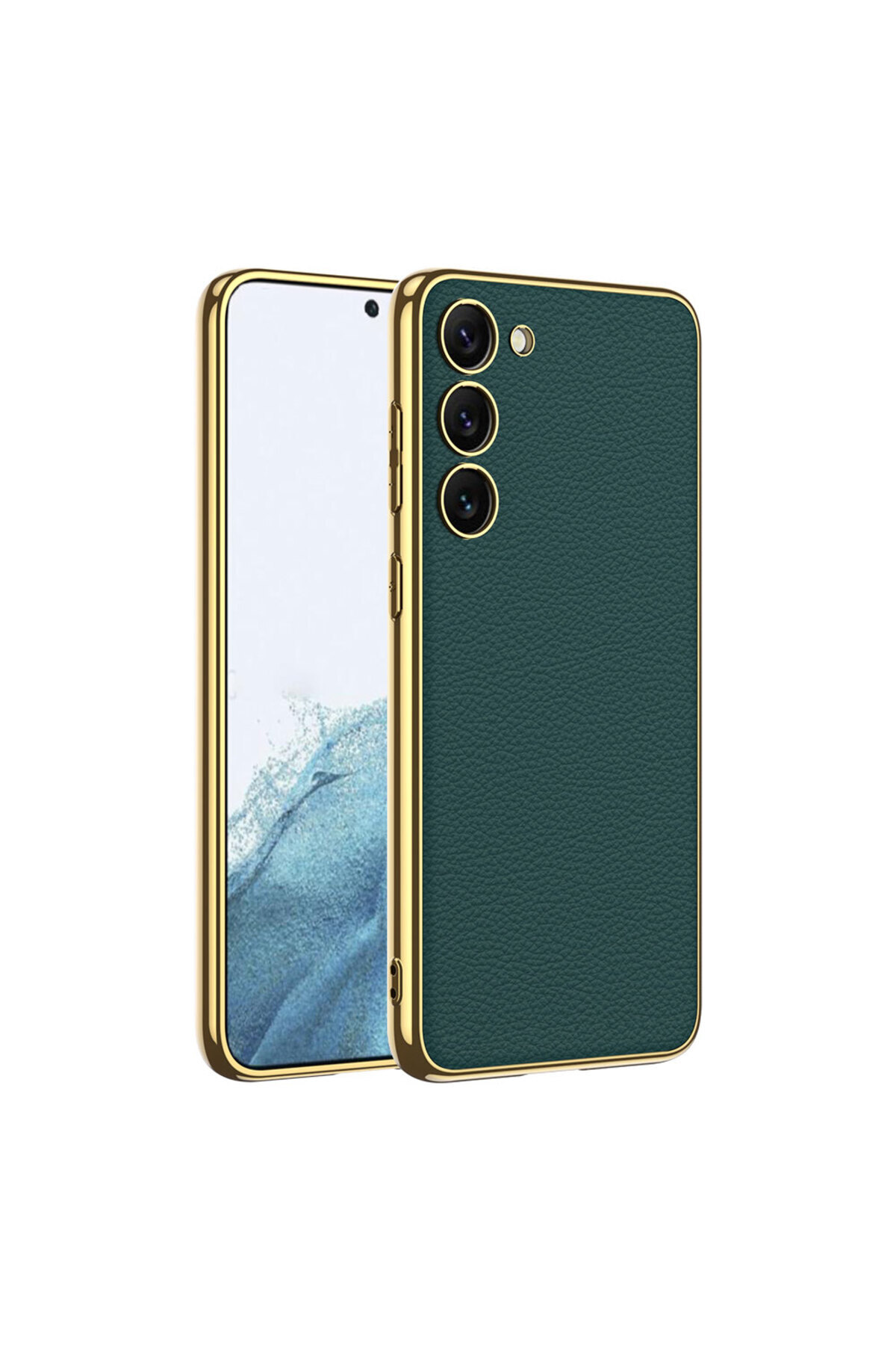 Galaxy S23 Uyumlu Deri Görünümlü Kenarları Elektroplating Kaplama MSRA Fizyon Kılıf-Koyu Yeş