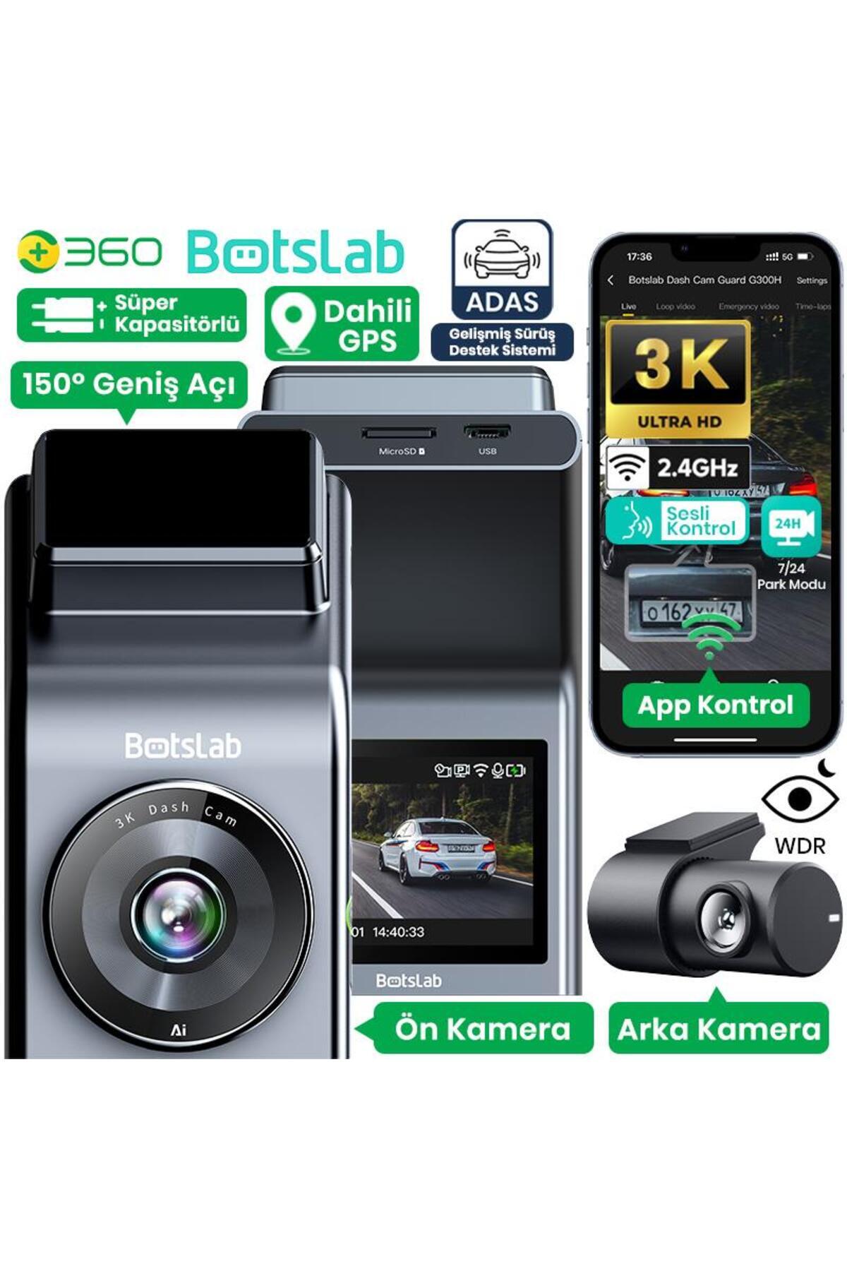 +360 360+ Botslab G300H Pro ADAS 3K Ön+Arka WiFi+GPS 150° Geniş Açı Gece Görüşlü Araç İçi Kamera Dash Cam