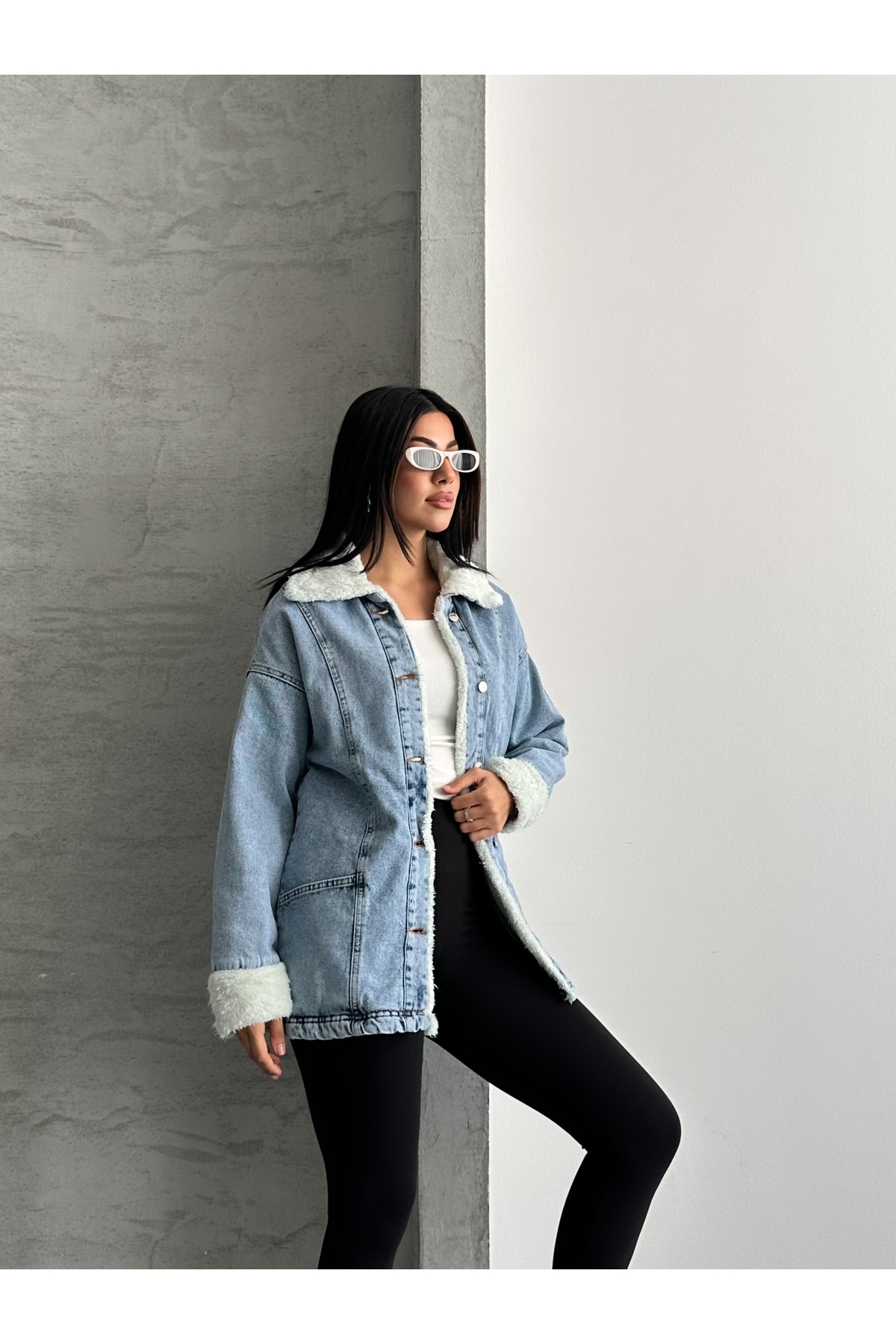 SOLİS MODA  Kadın Mavi Denim Detaylı Peluş Ceket Mont - Görsel 6