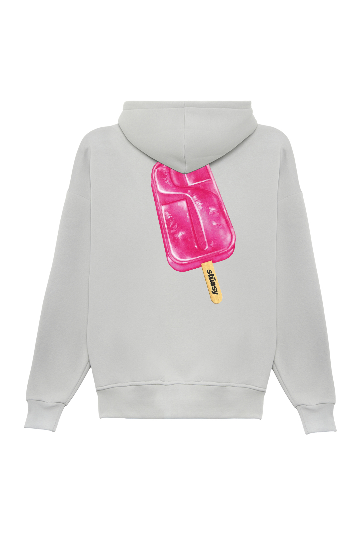 Unisex Stüssy Dondurma Baskılı Oversize Bol Kesim Pamuklu 3 İplik Şardonlu Gri Kapüşonlu Sweatshirt