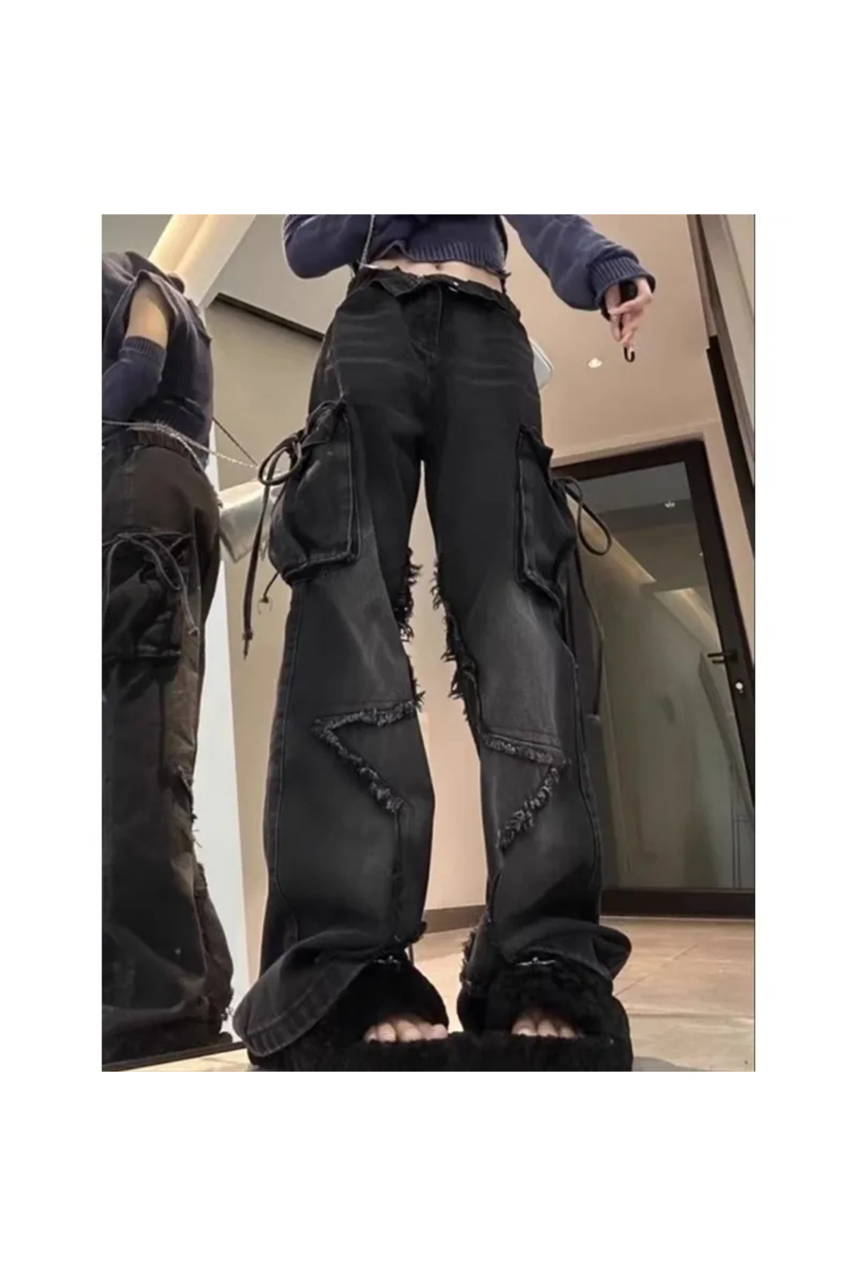 8line  Siyah Yıldız Y2K Stars Patch Detay Jeans Y2K Pantolon - Görsel 4