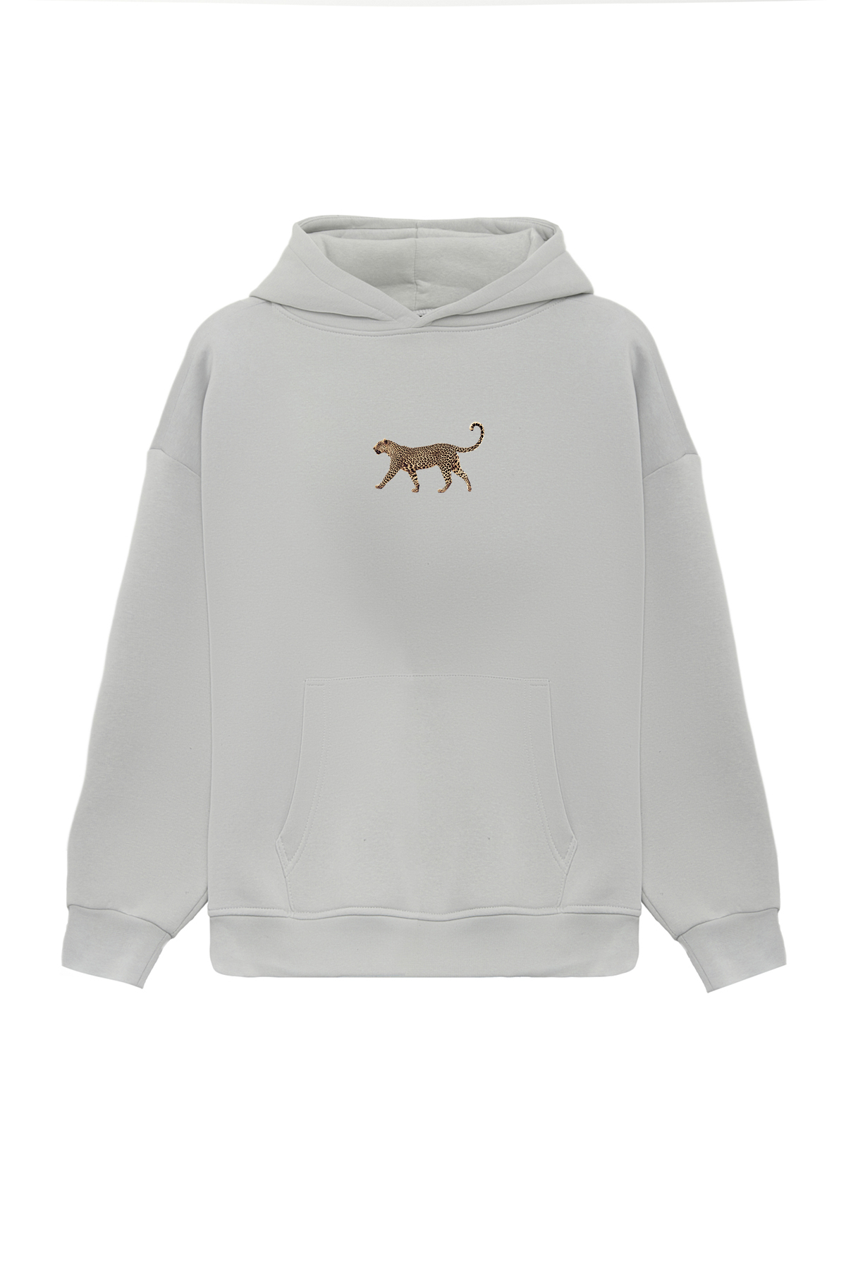 Unisex Leopar Baskılı Oversize Bol Kesim Pamuklu 3 İplik Şardonlu Gri Kapüşonlu Sweatshirt