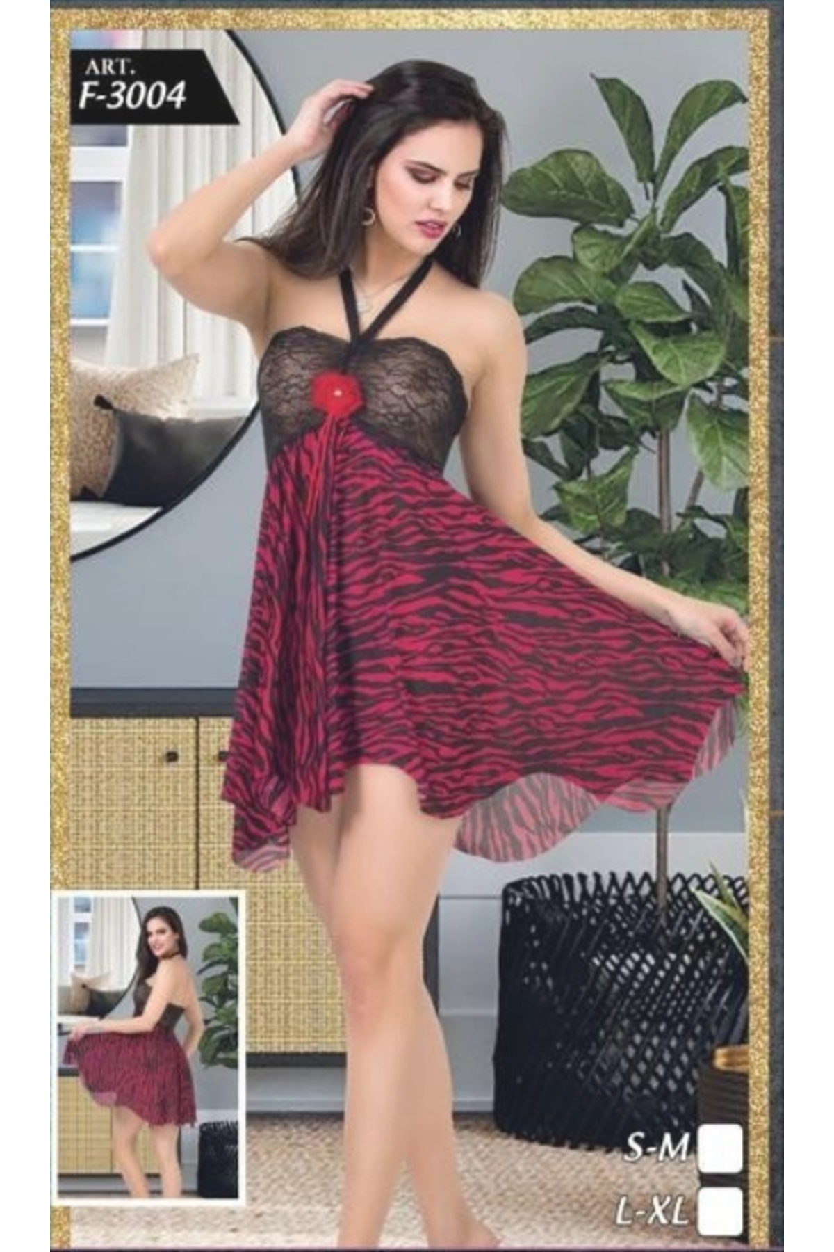 Pi Giyim Kırmızı-Siyah Dantelli Mini Gecelik