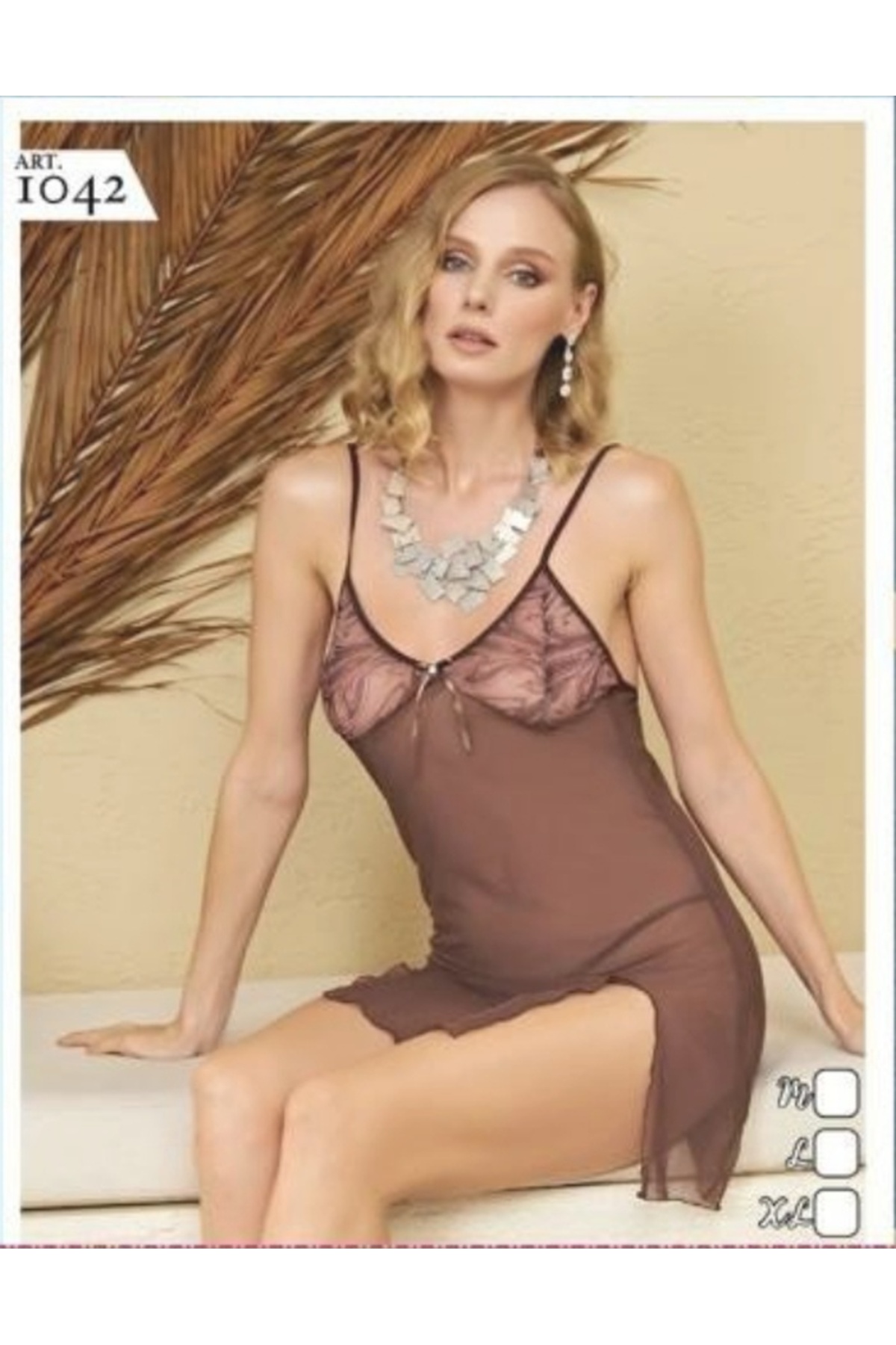 PİERLES Kahve Transparan Dantel Göğüslü Gecelik