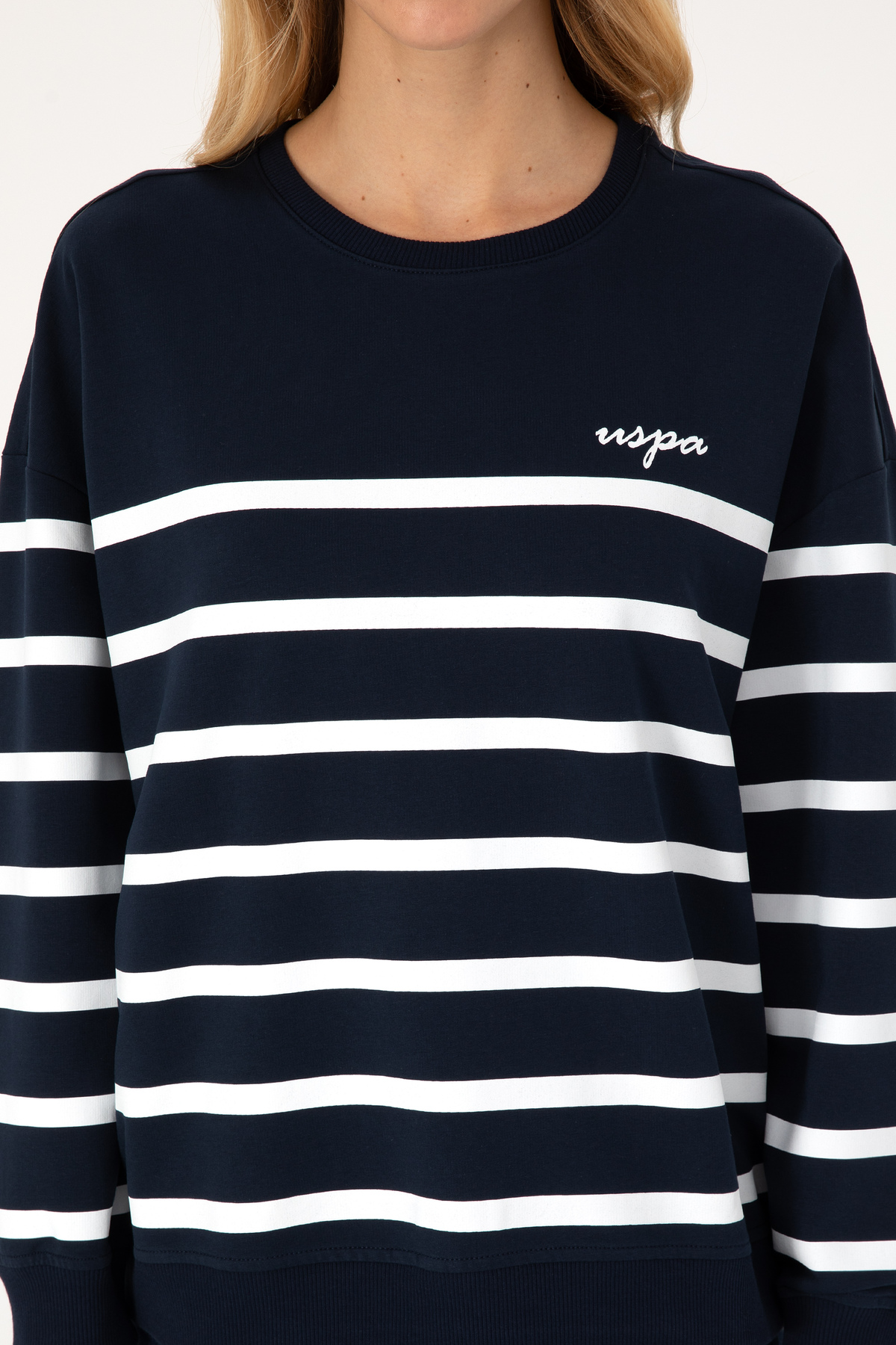 U.S. Polo Assn. Kadın Lacivert Çizgili Bisiklet Yaka Sweatshirt 50313572-VR033 görsel 6