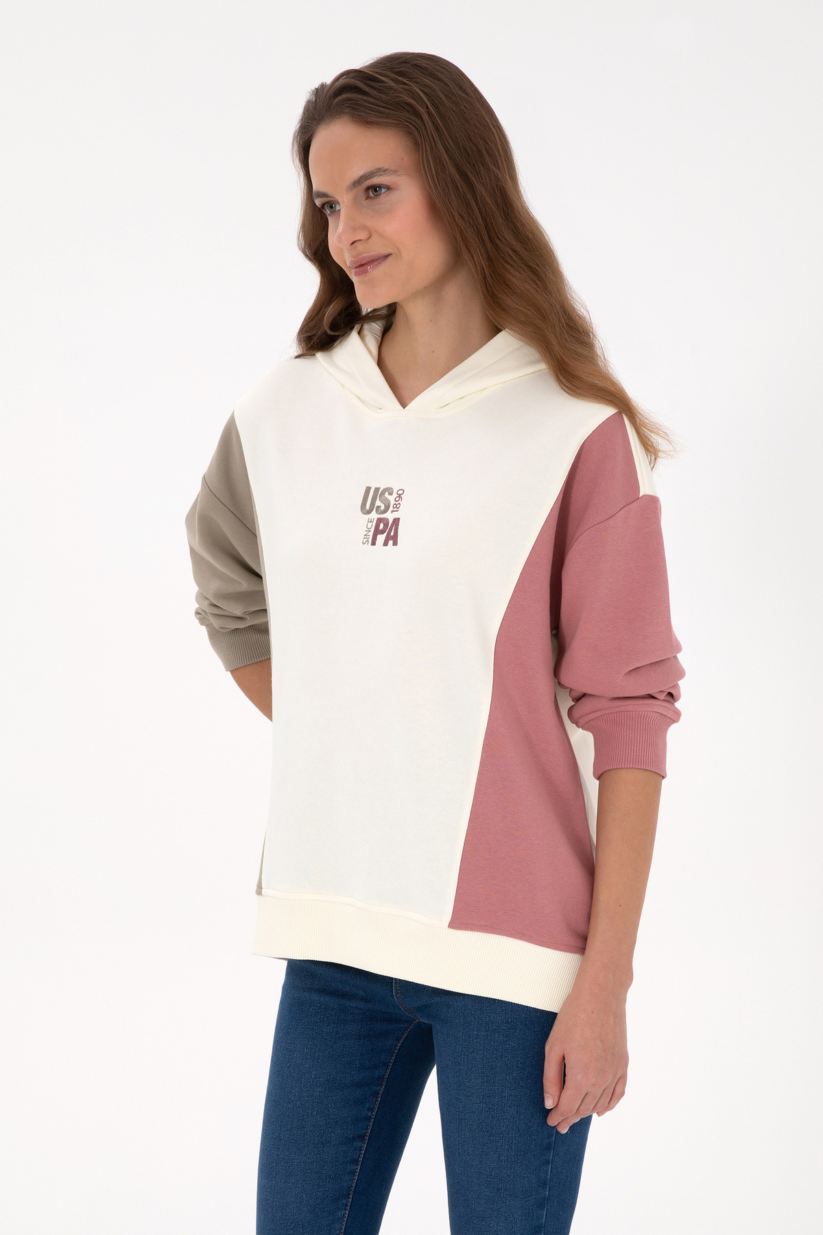 U.S. Polo Assn.  Kadın Krem Kapüşonlu Sweatshirt 50313585-VR256 - Görsel 3