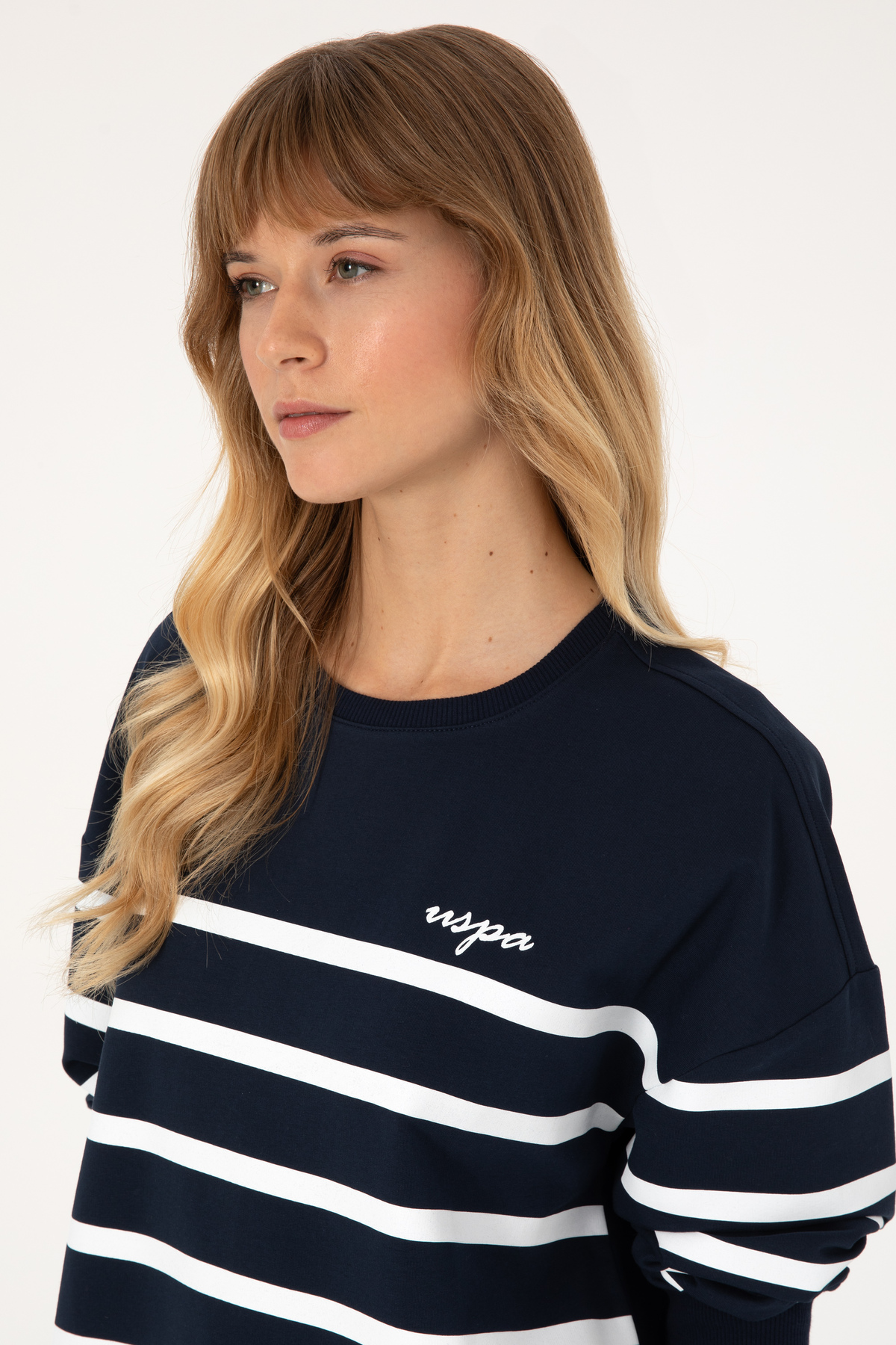 U.S. Polo Assn. Kadın Lacivert Çizgili Bisiklet Yaka Sweatshirt 50313572-VR033 görsel 2